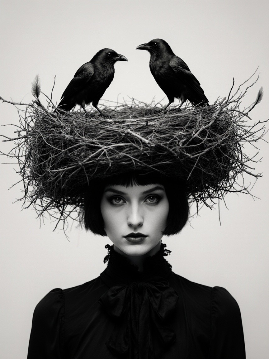 Black-and-white portrait of a woman with headdress