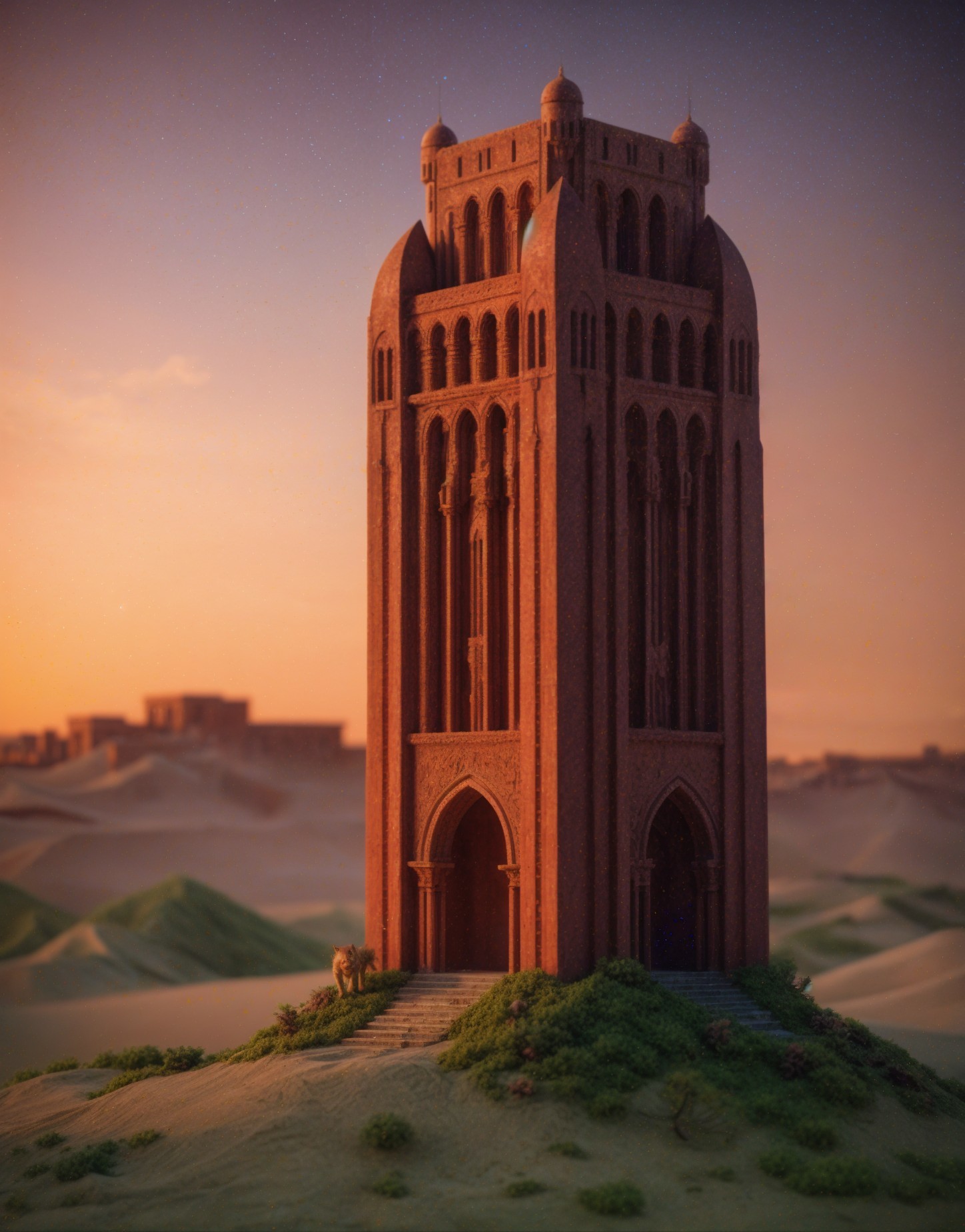 Ornate Fortress Structure in Sandy Landscape at Sunset