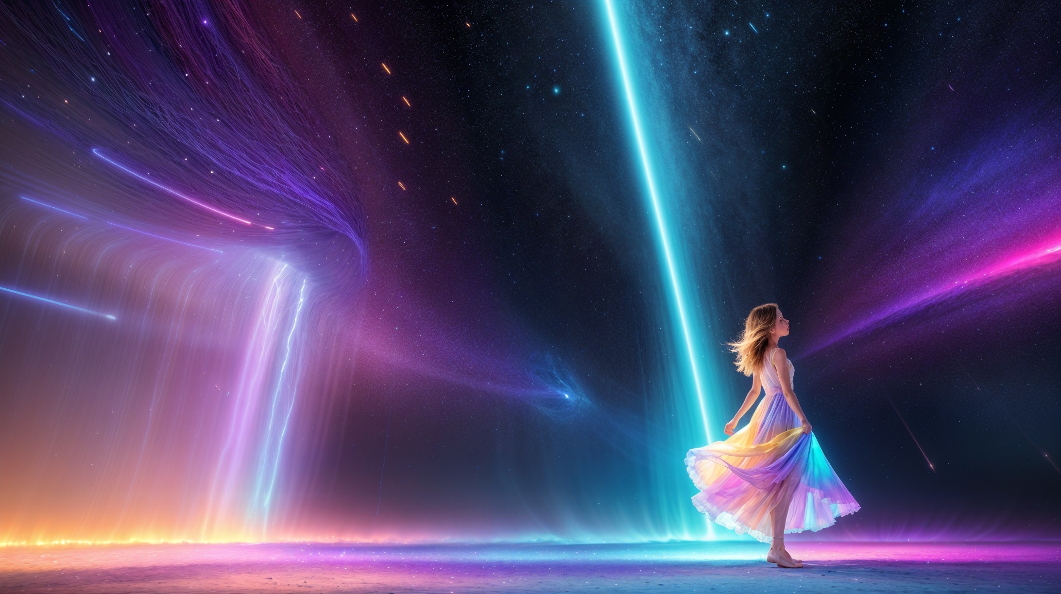 Serene Figure in Cosmic Landscape with Vibrant Colors