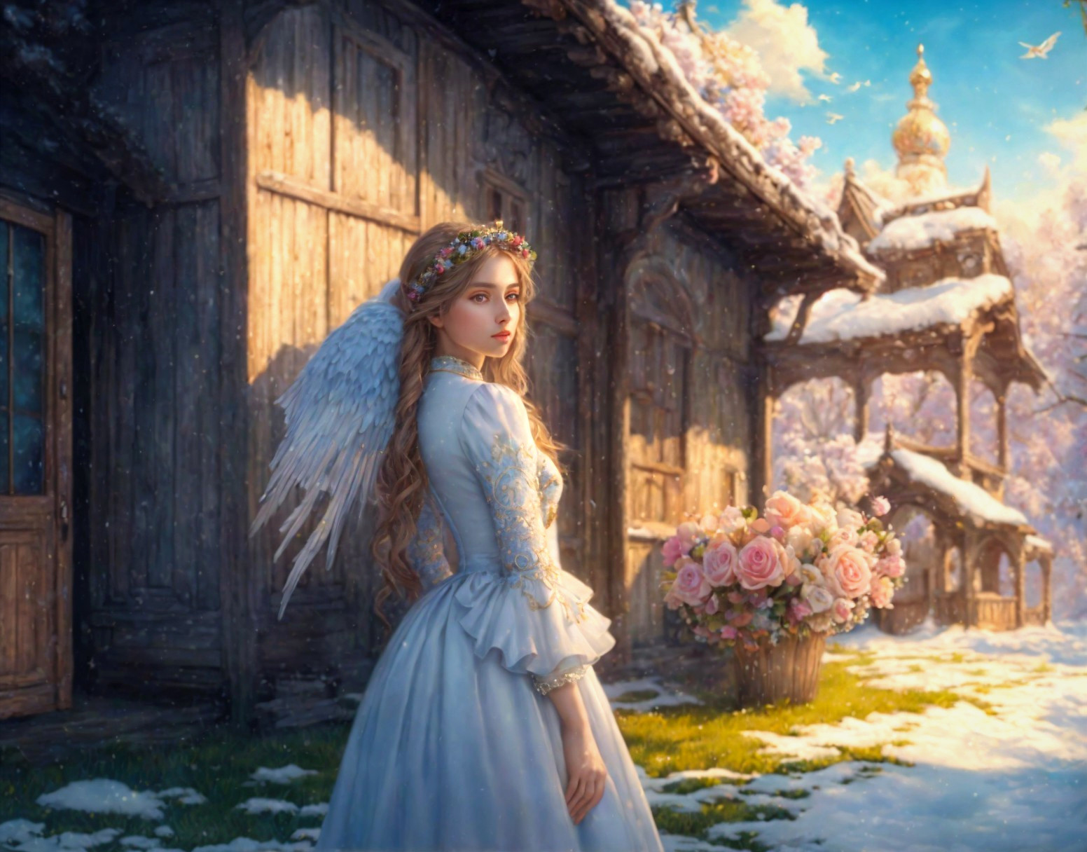 Woman with angel wings and floral crown by rustic cabin in snowy landscape