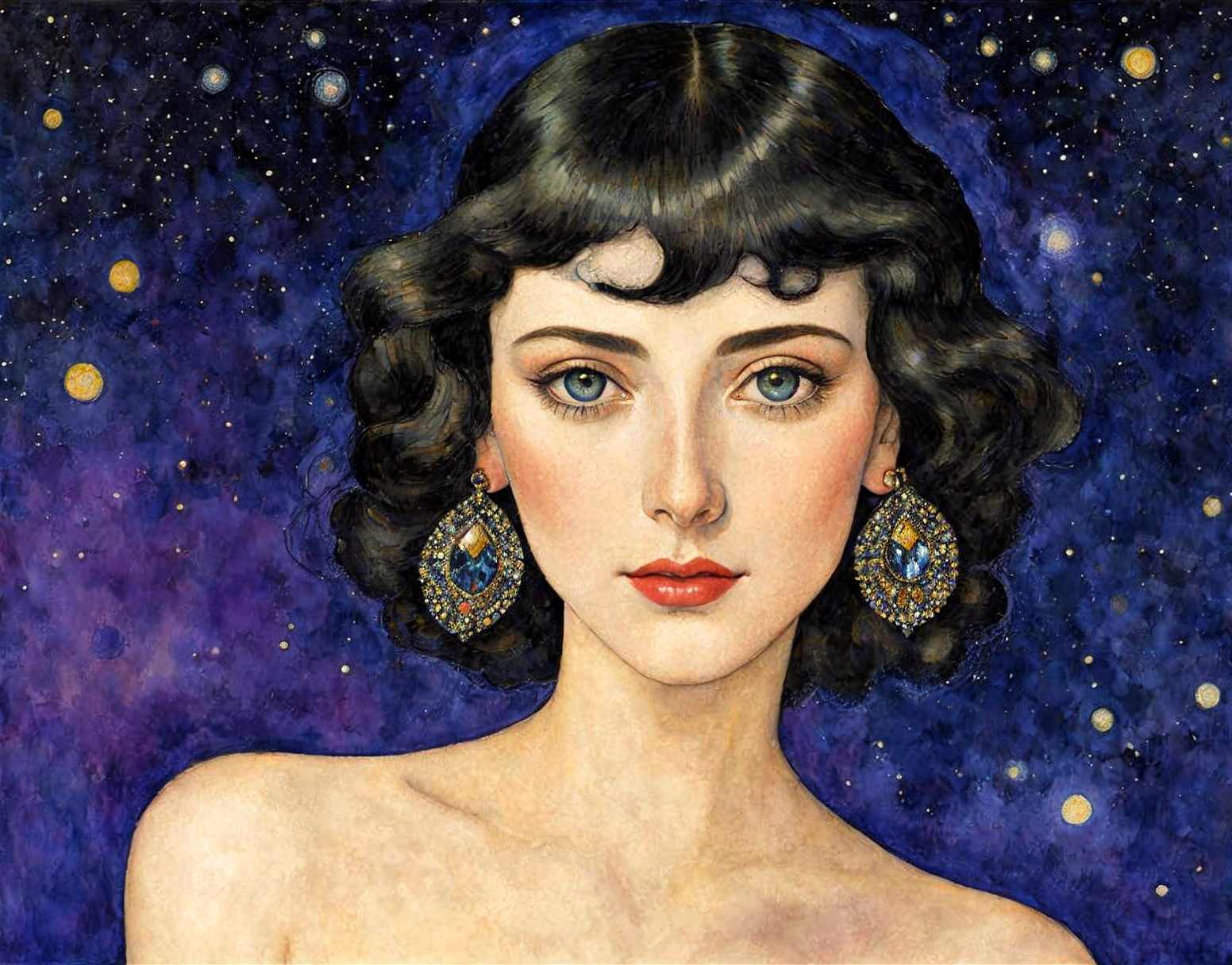 Striking Woman with Black Hair Against Celestial Background