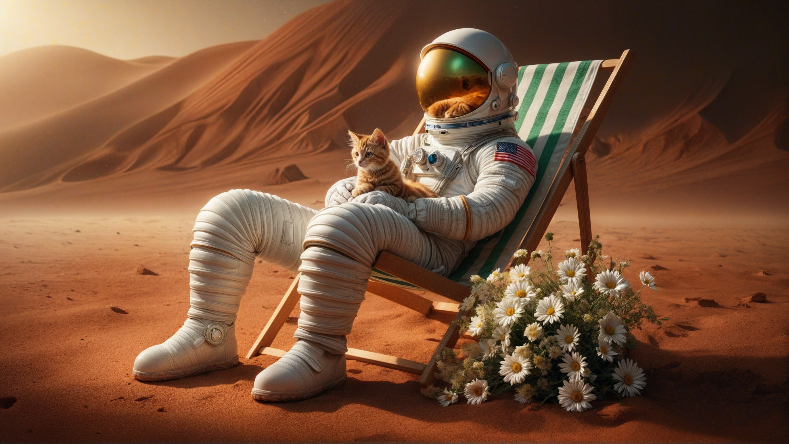Astronaut Relaxing on Mars with Kitten and Daisies