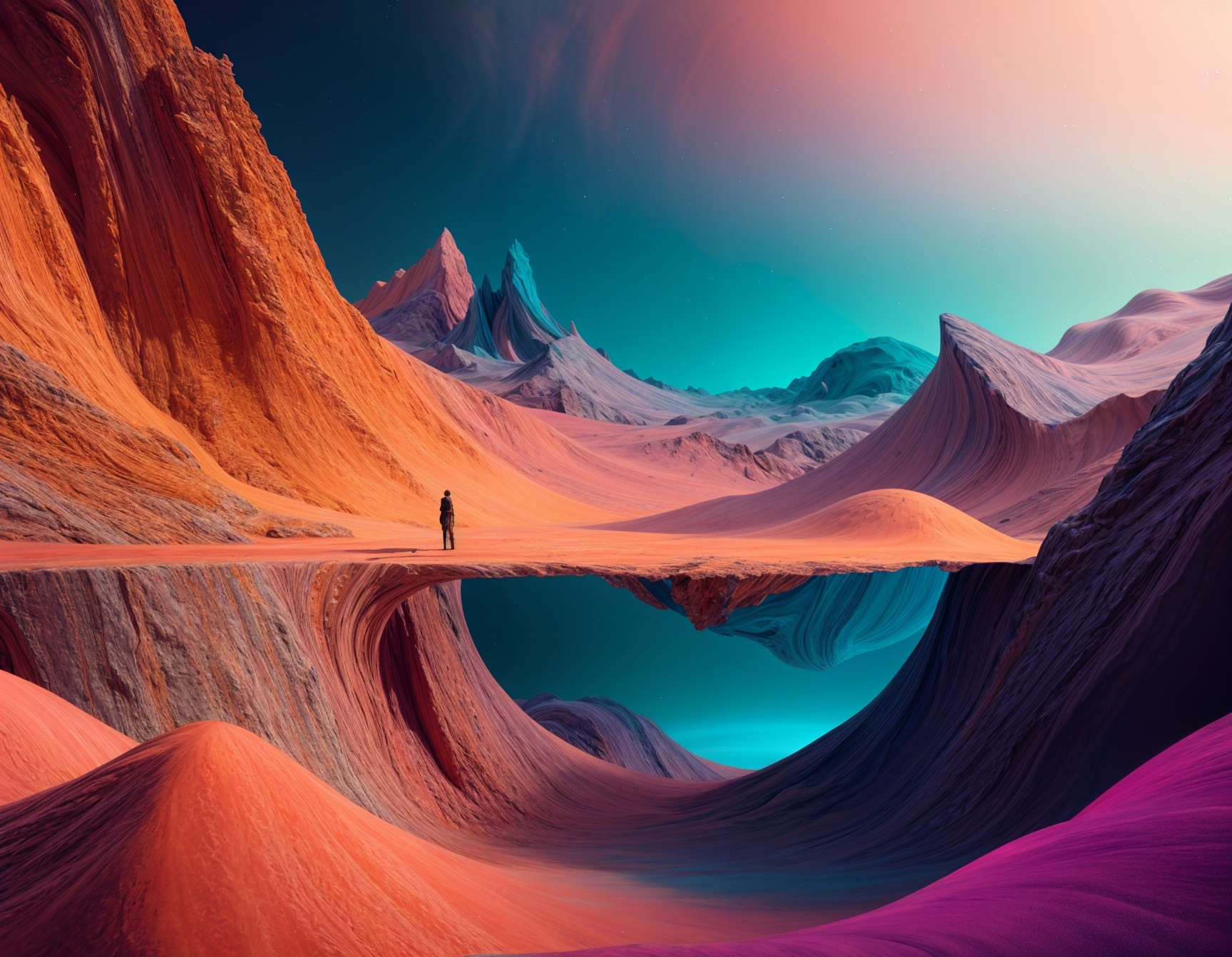 Surreal Landscape with Wavy Rock Formations and Pathway