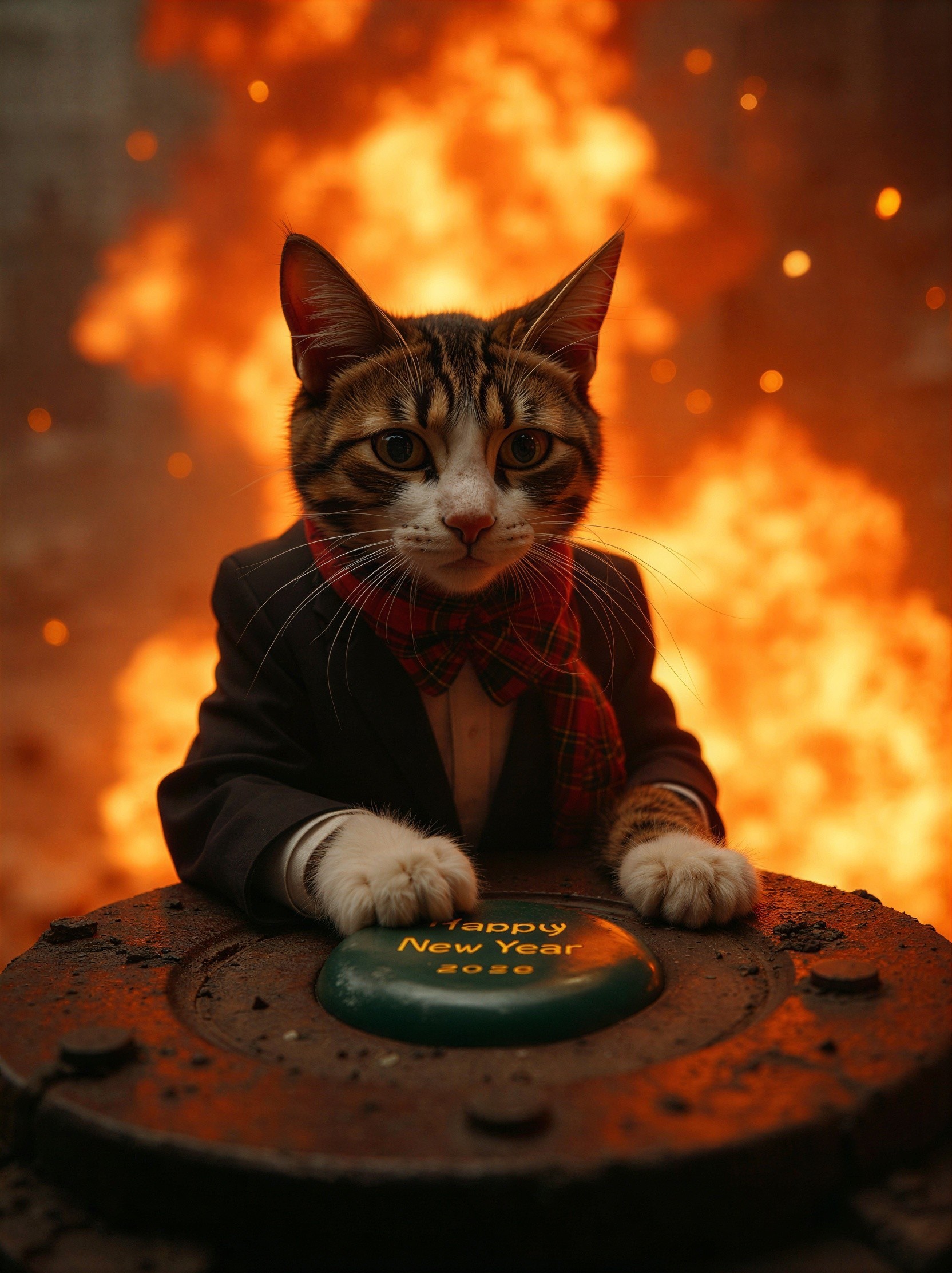Cat in Suit with New Year Button Against Fire Background