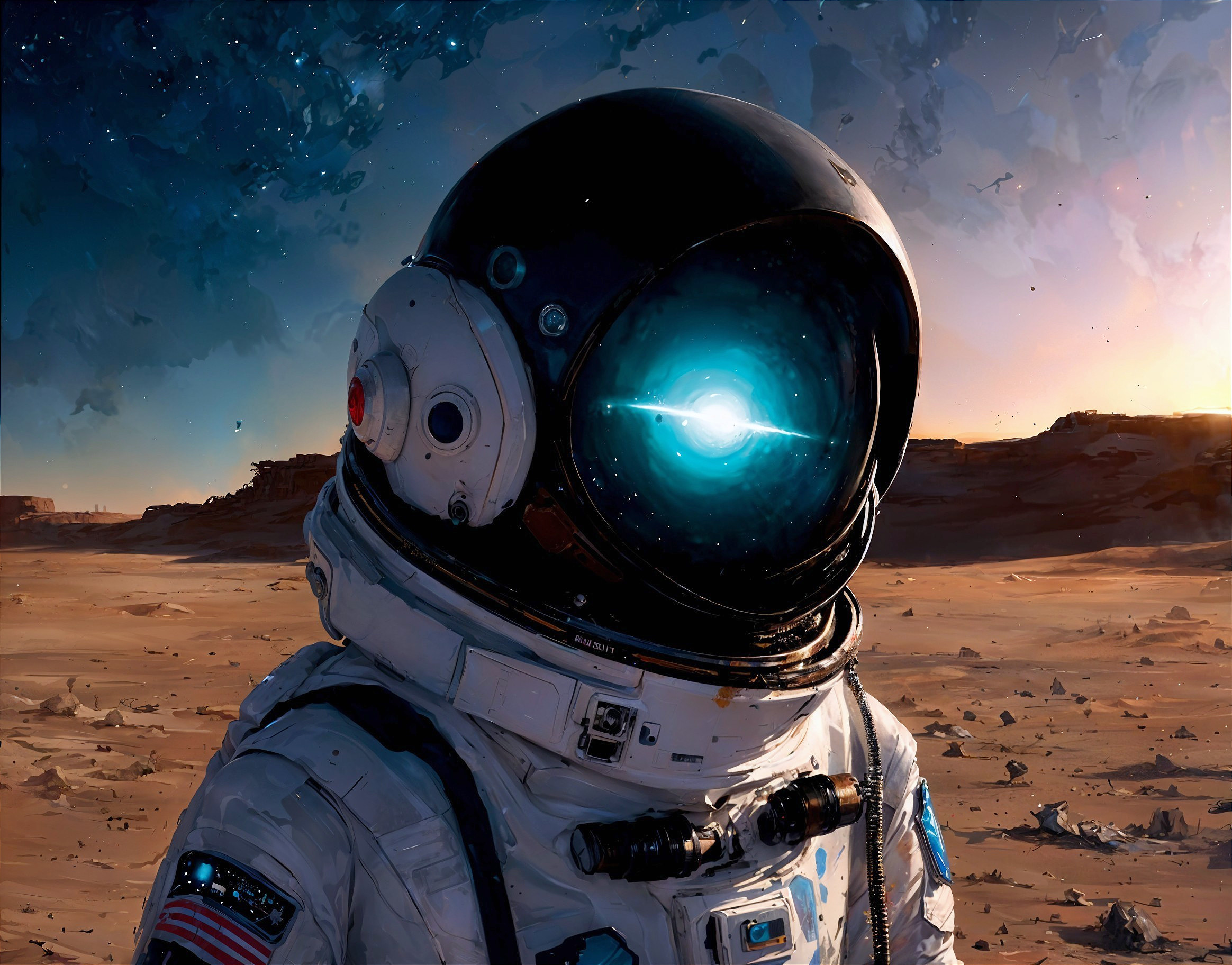 Astronaut on Barren Extraterrestrial Landscape at Sunset