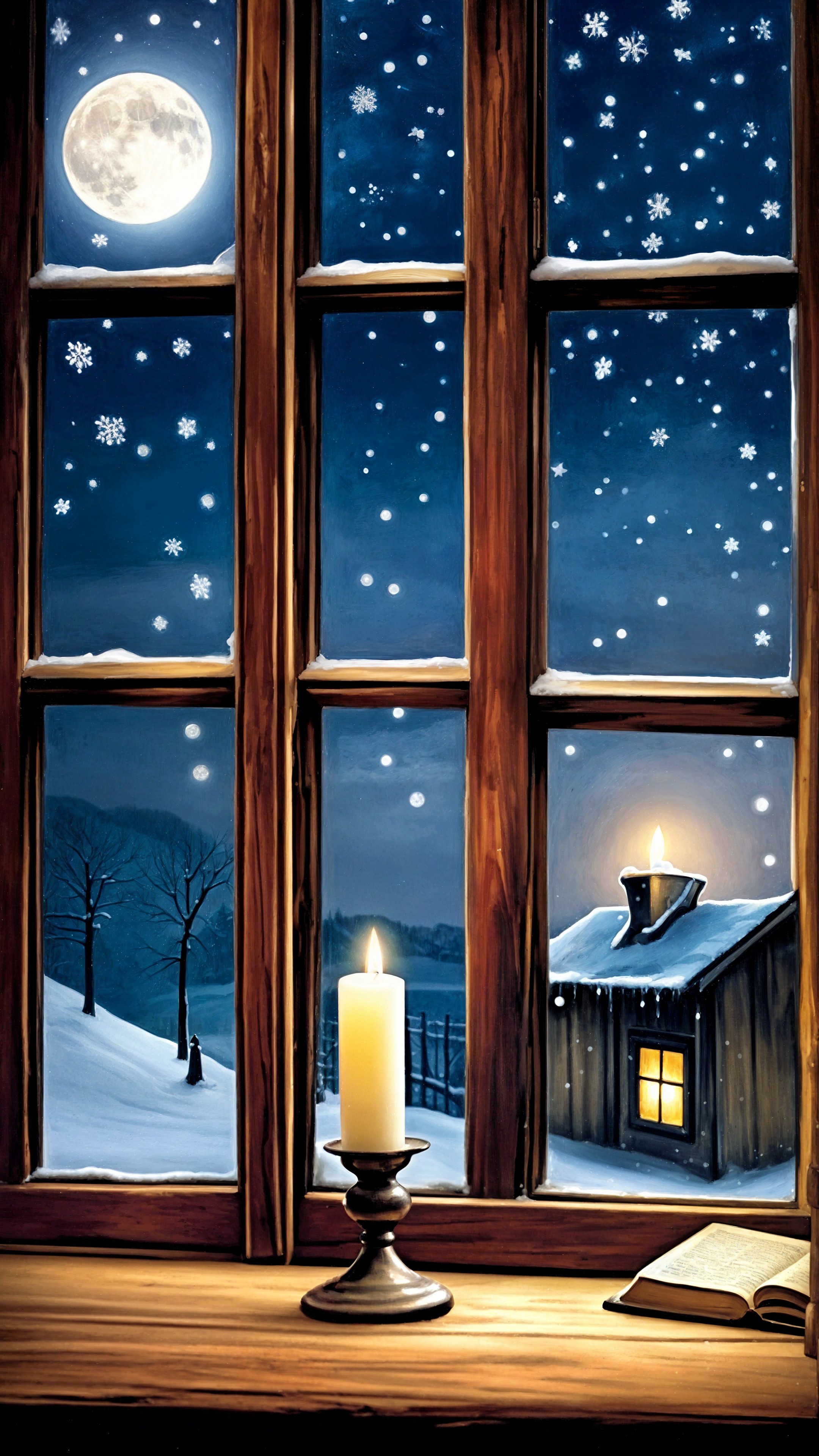 Hyperdetailed Winter Night Scene with Rustic Window