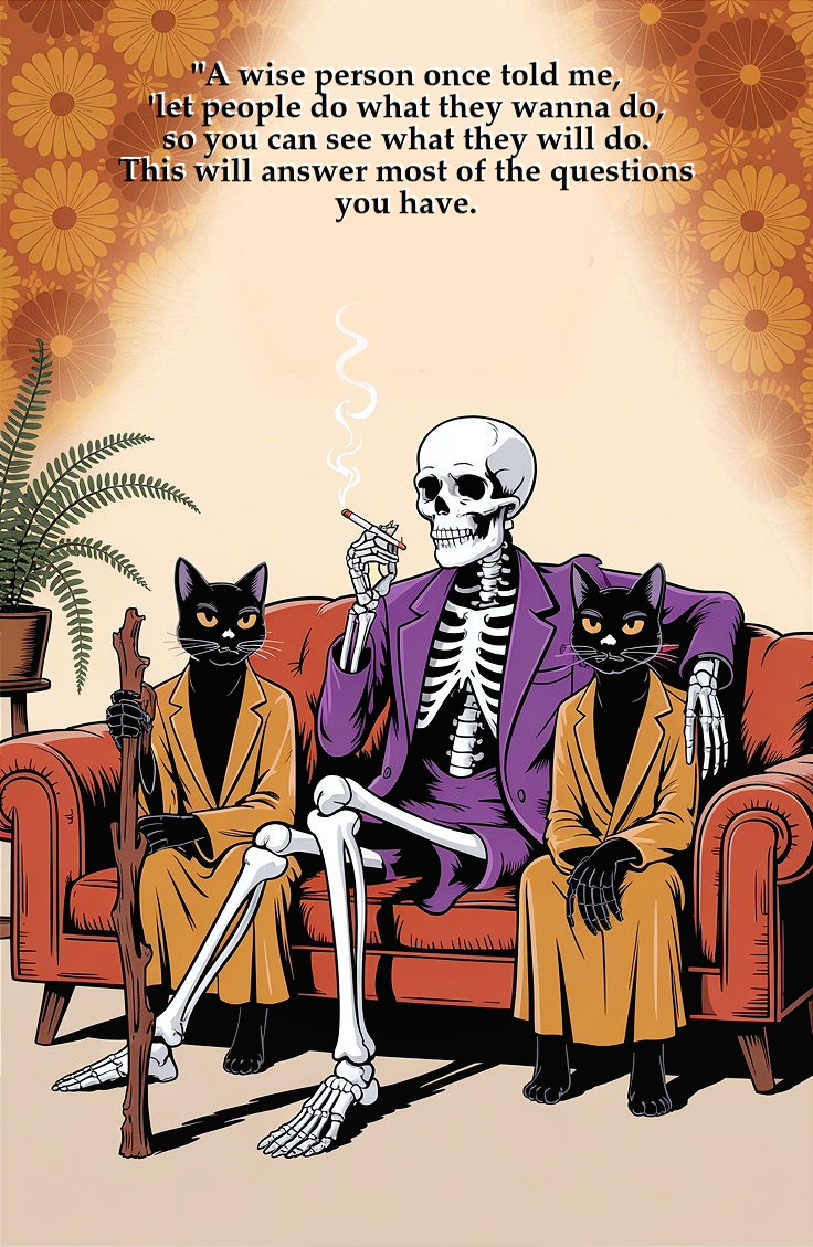 Skeleton in Purple Suit with Cats on Couch Illustration