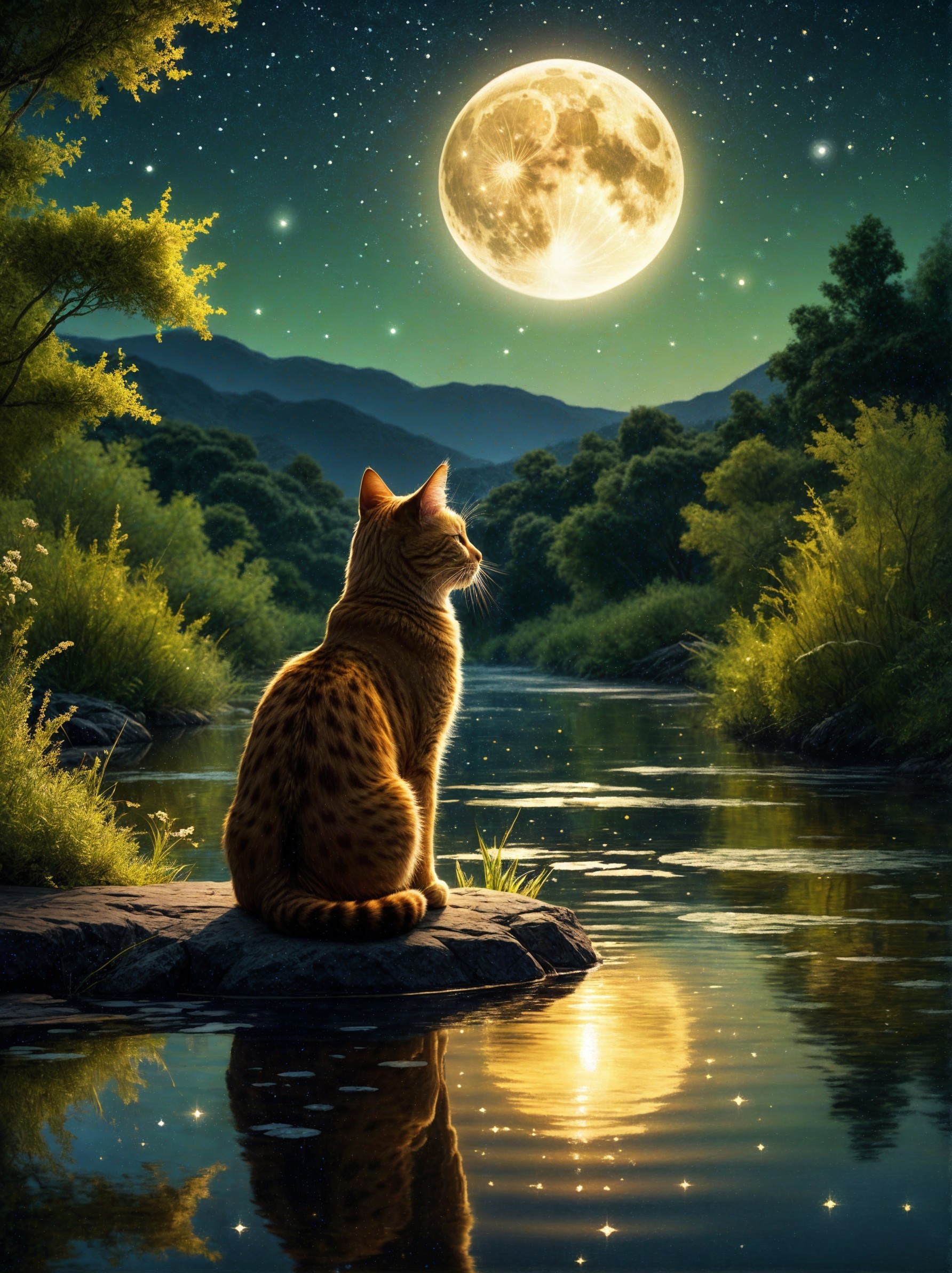 Cat by River Under Full Moon in Serene Landscape