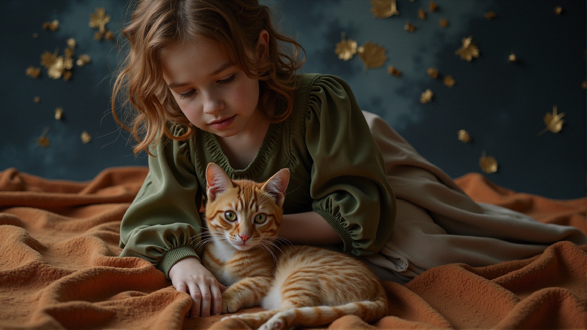 Young girl with cat on orange blanket in dreamy scene