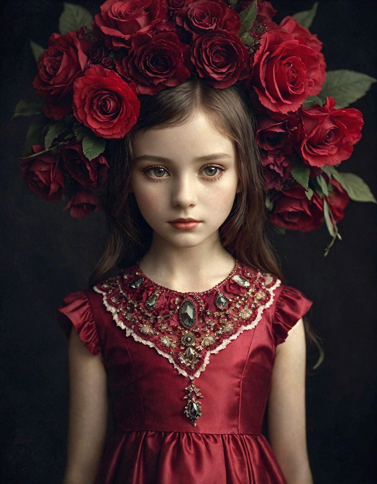Young girl in red dress with rose crown portrait