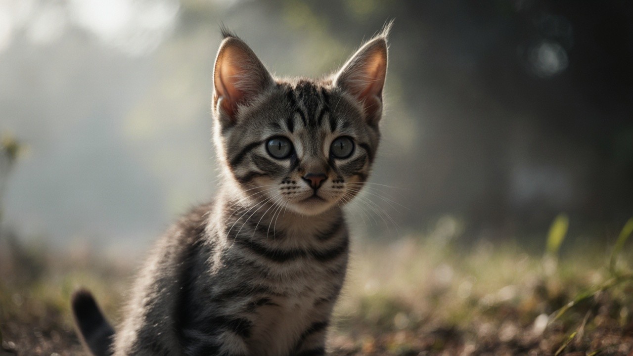 Playful tabby kitten in sunlit misty environment