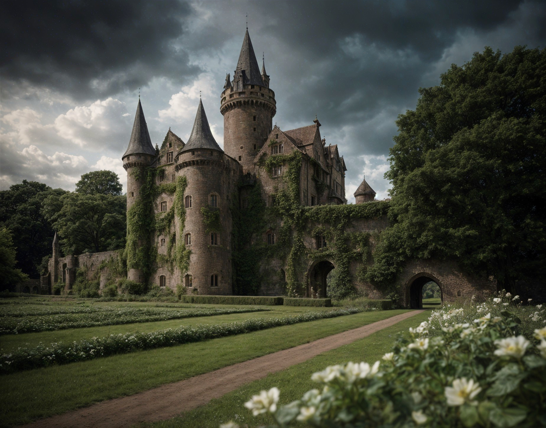 Majestic castle with towers and lush greenery backdrop
