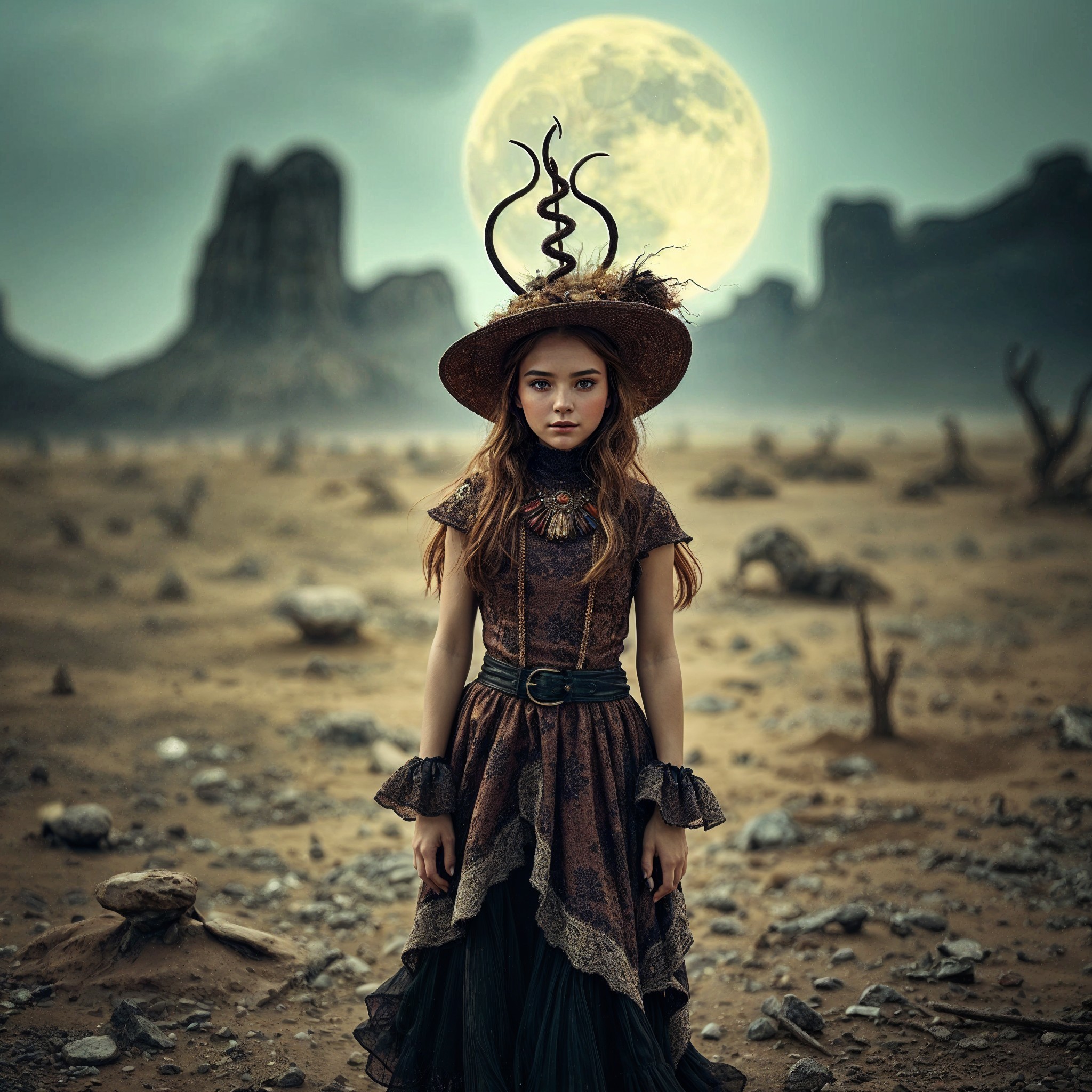 Young Woman in Vintage Dress in Desolate Landscape