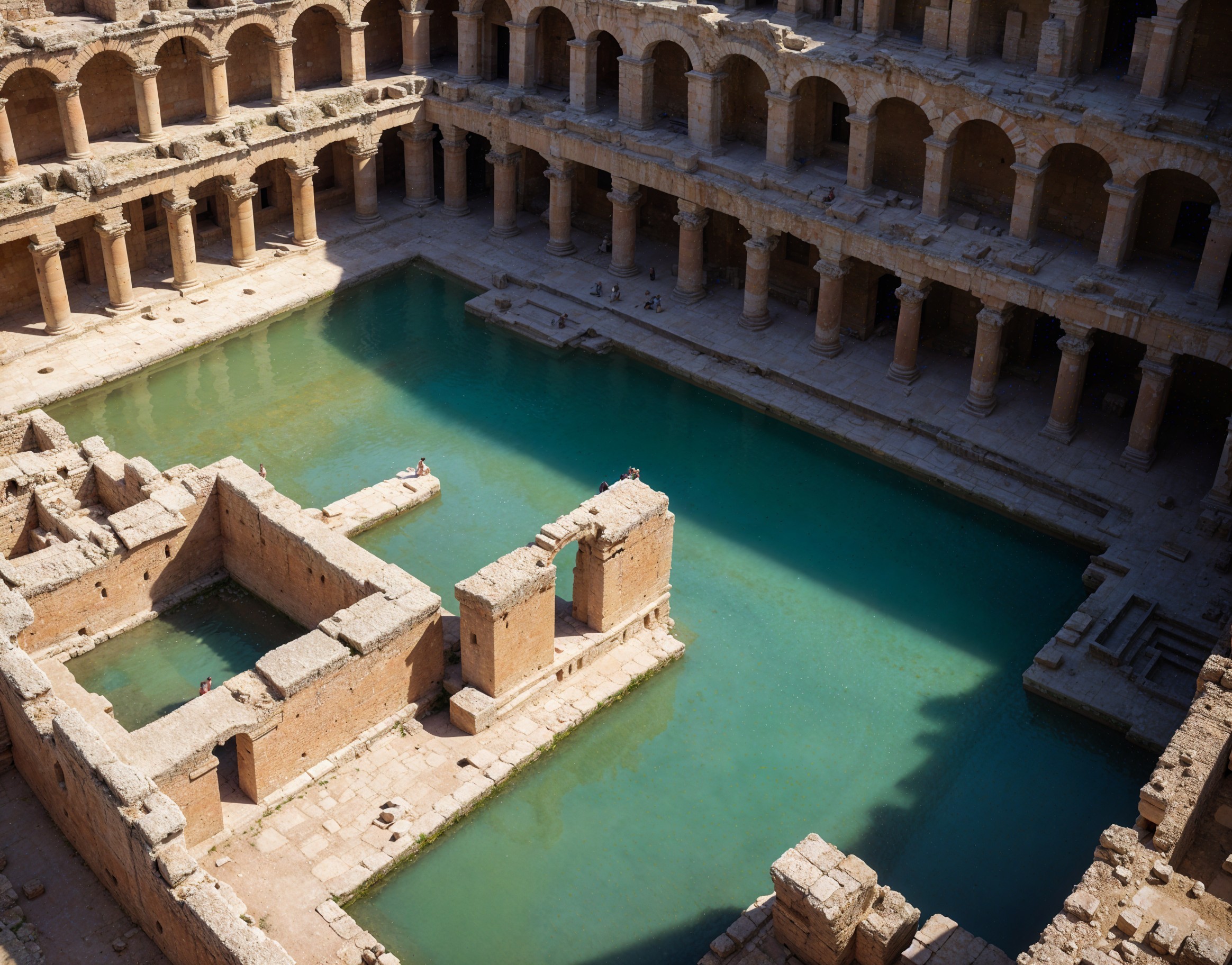 Ancient Ruin with Rectangular Pool and Brick Structures