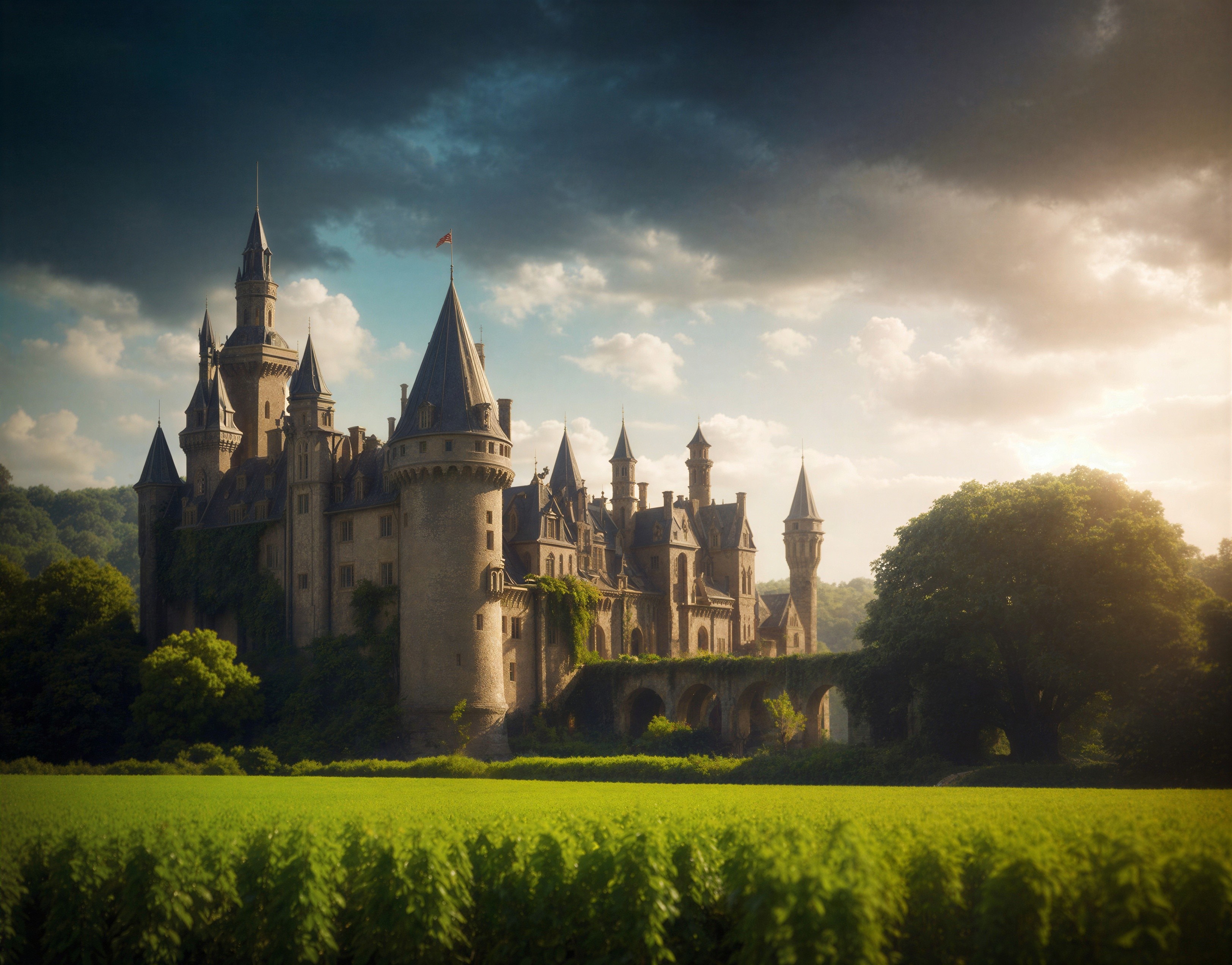 Majestic castle surrounded by lush greenery and clouds