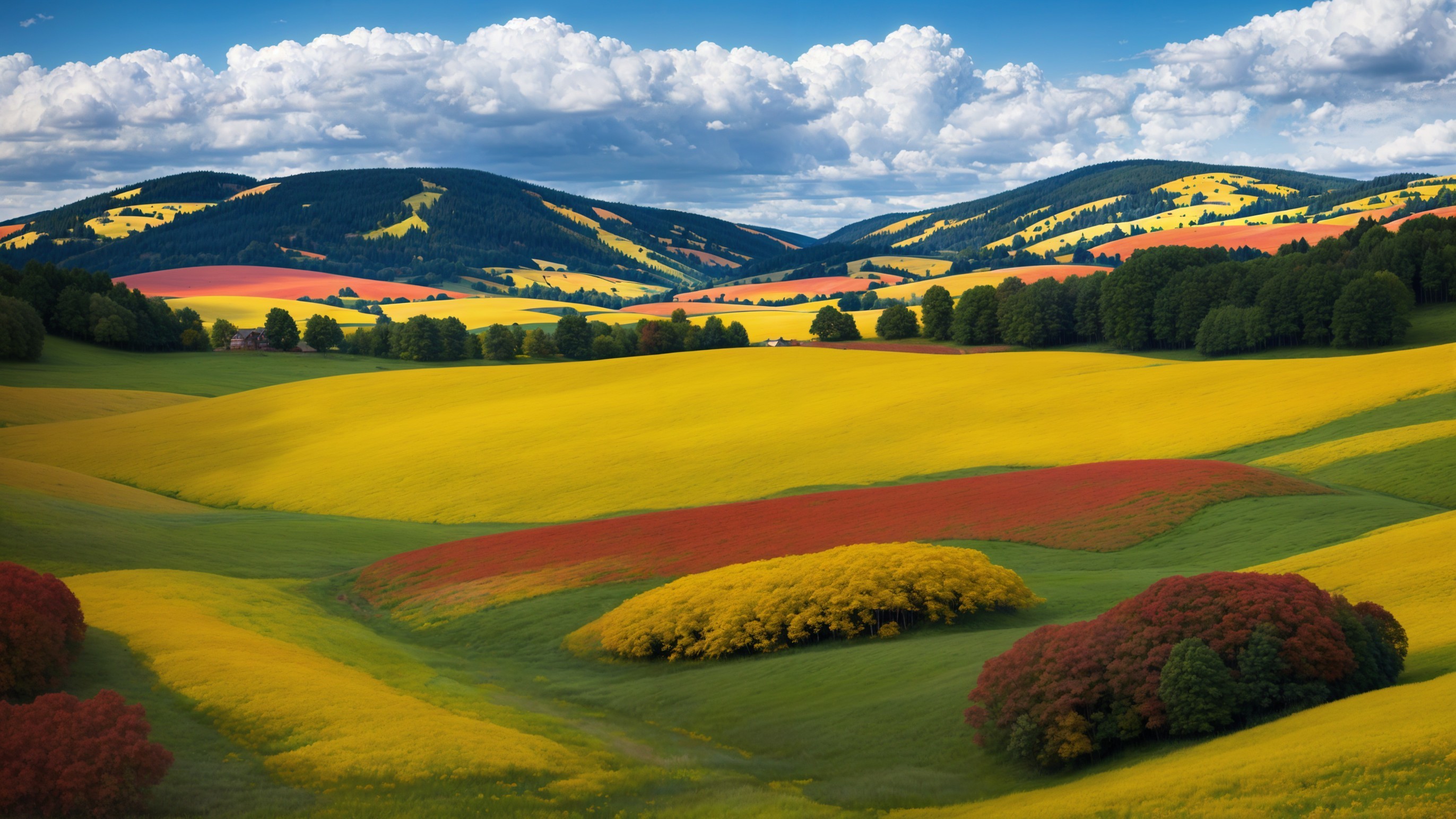 Autumn's Colorful Hills Under Blue Skies