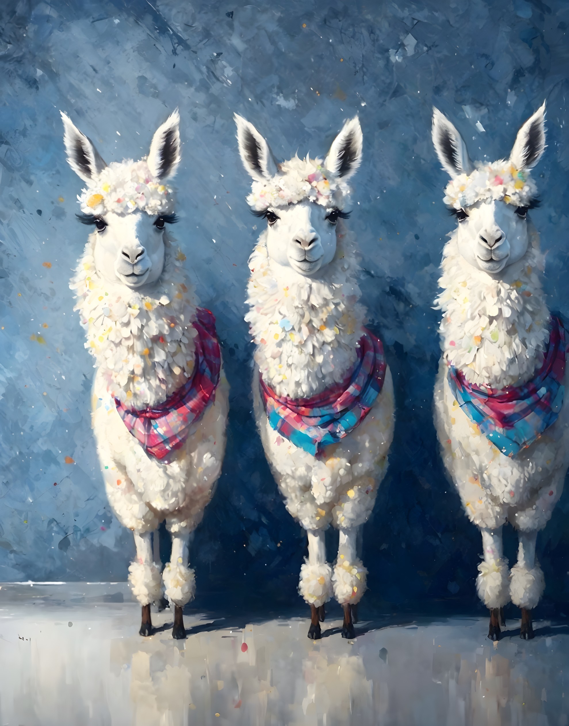 Three fluffy llamas with colorful crowns and scarves