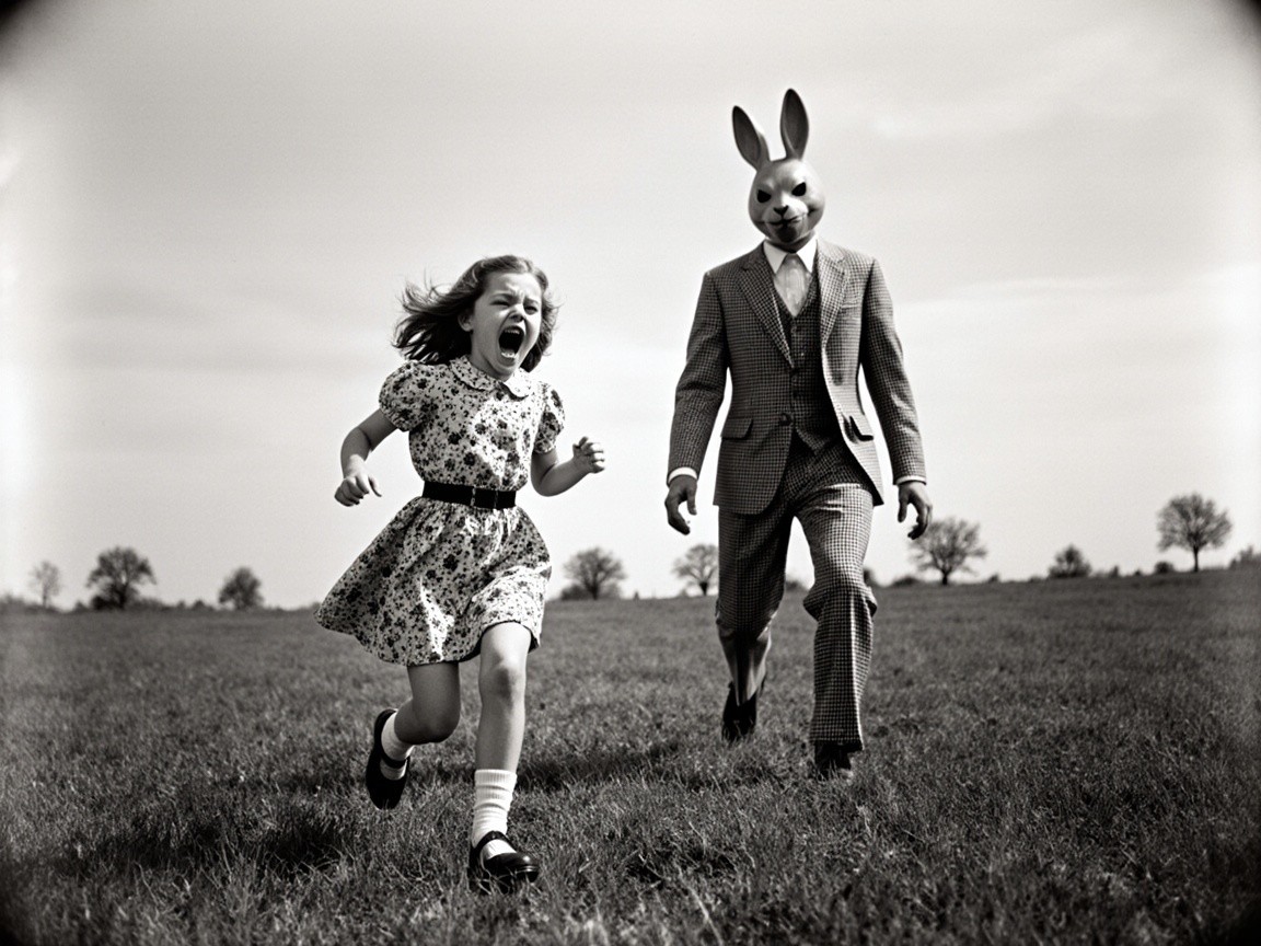 Surreal Black-and-White Scene of Fearful Chase