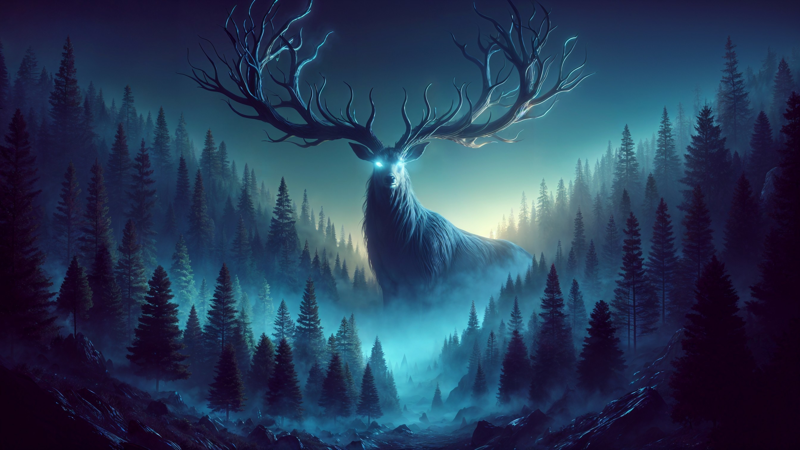 Mystical Stag in Foggy Forest with Ethereal Antlers