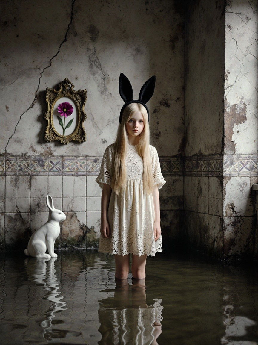 Young girl in white dress with bunny ears in water