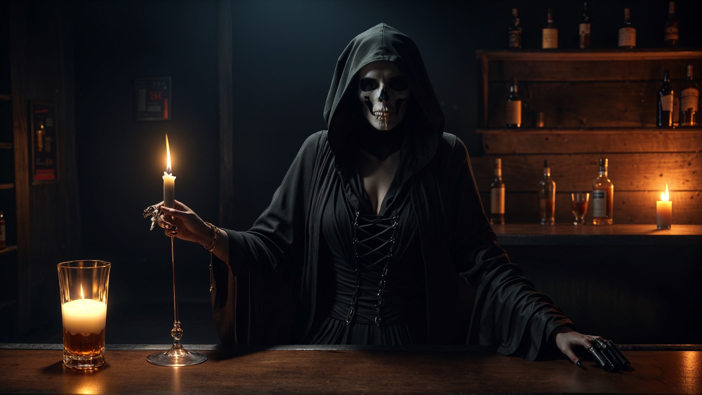 Cloaked Figure in Dimly Lit Bar with Skull Makeup