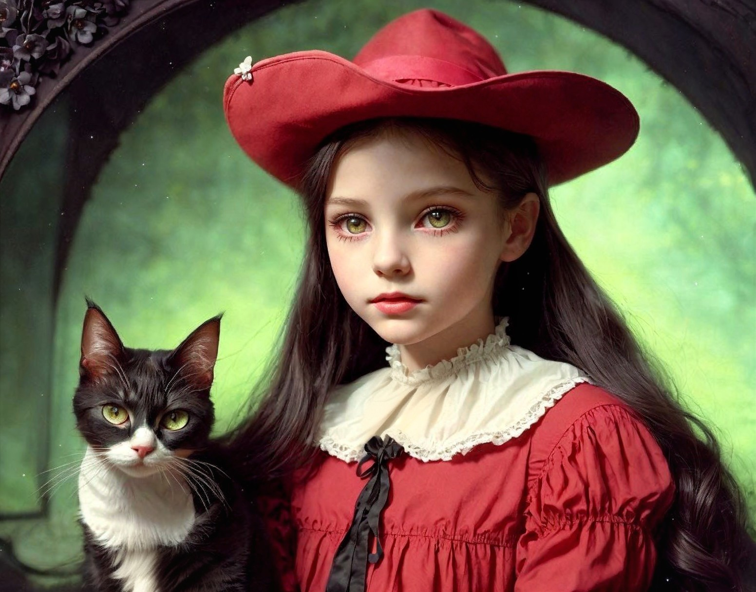 Young girl in vintage dress with cat in lush setting