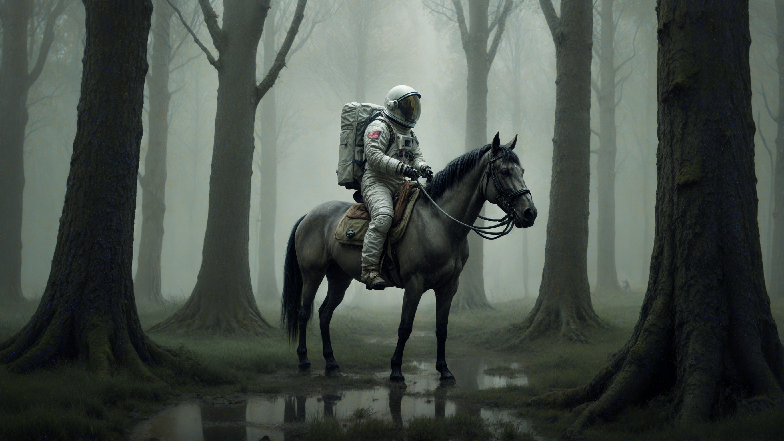 Astronaut in Space Suit Riding Horse in Misty Forest