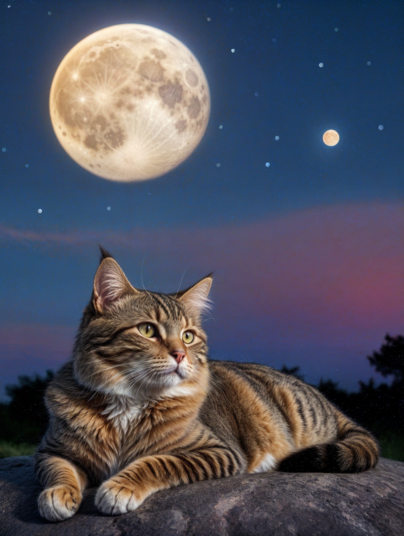 Majestic Cat Resting Under a Starry Night Sky