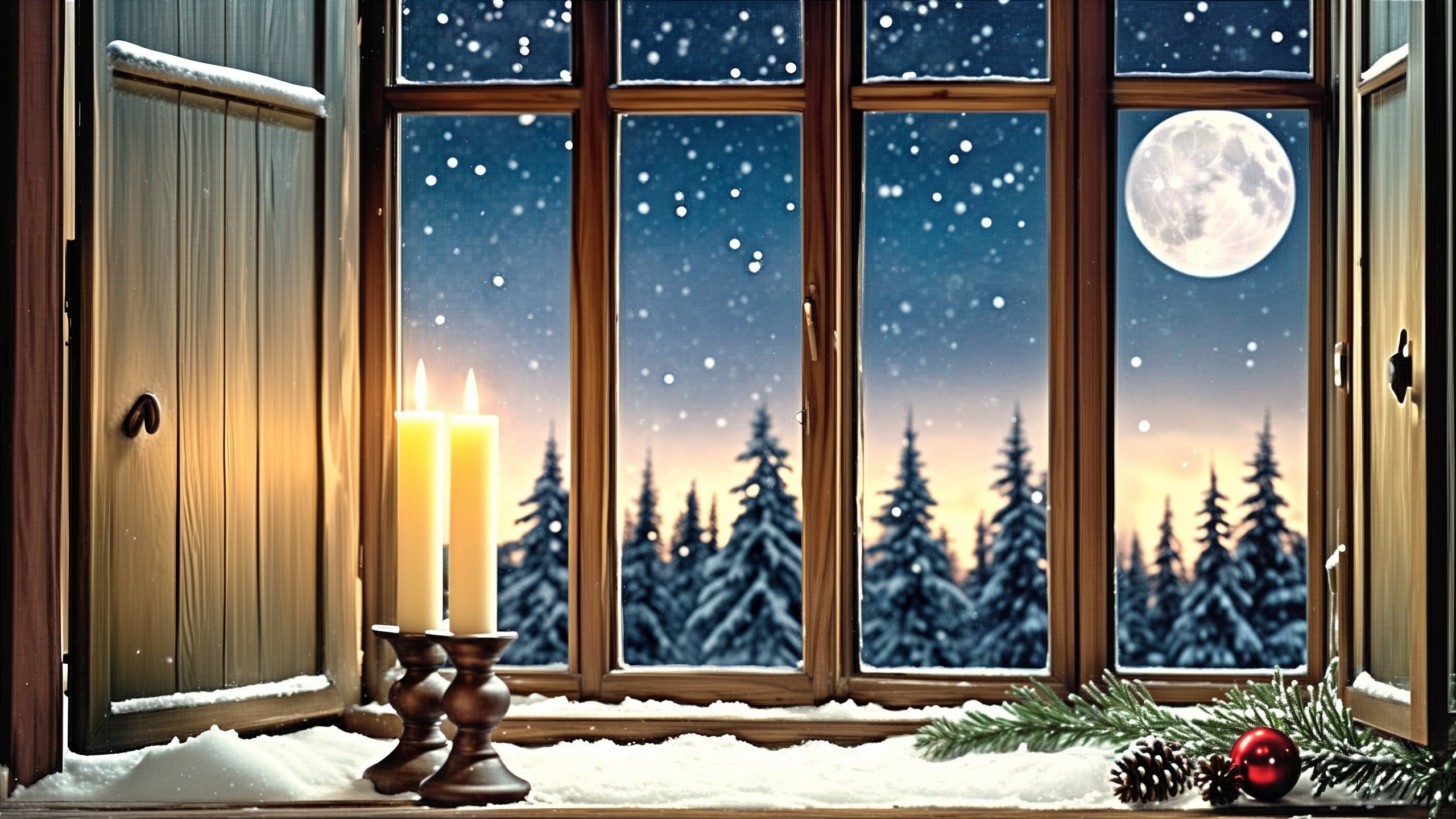 Winter Wonderland View from an Open Wooden Window