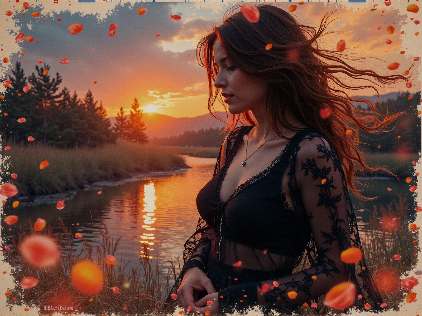 Serene Sunset Over a Peaceful River with Woman