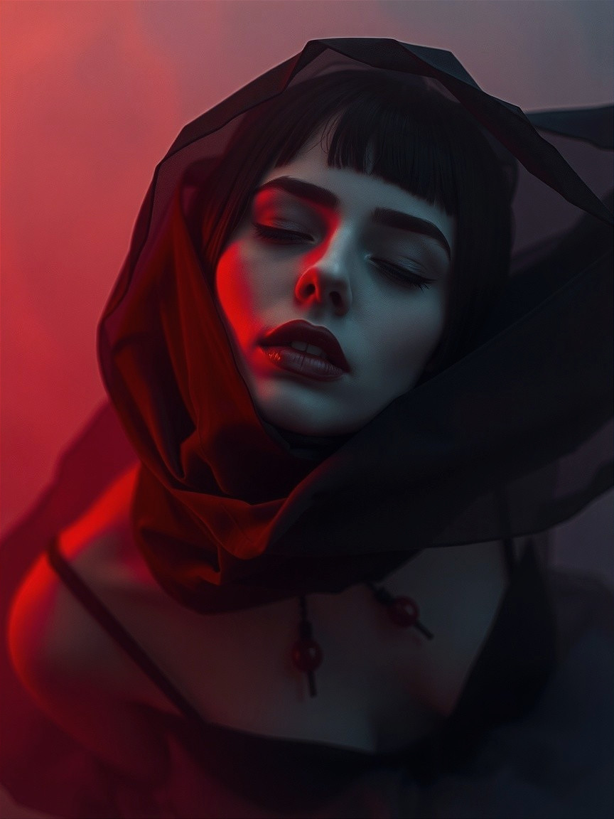 Portrait of a woman in dark fabric with serene expression