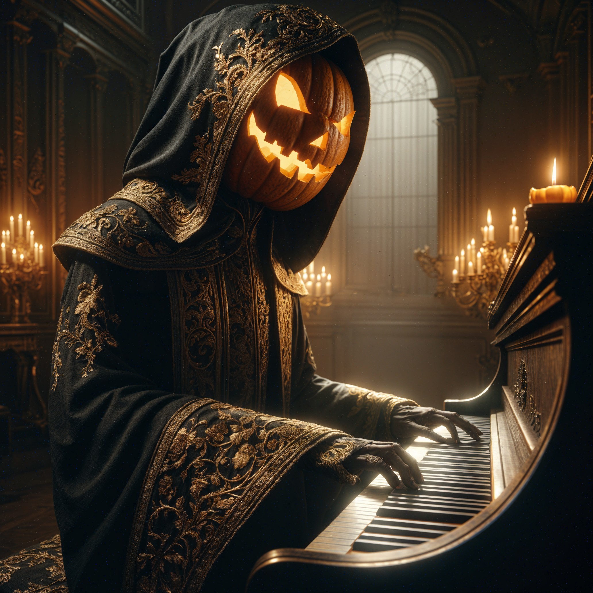 Cloaked Figure with Pumpkin Head at Grand Piano
