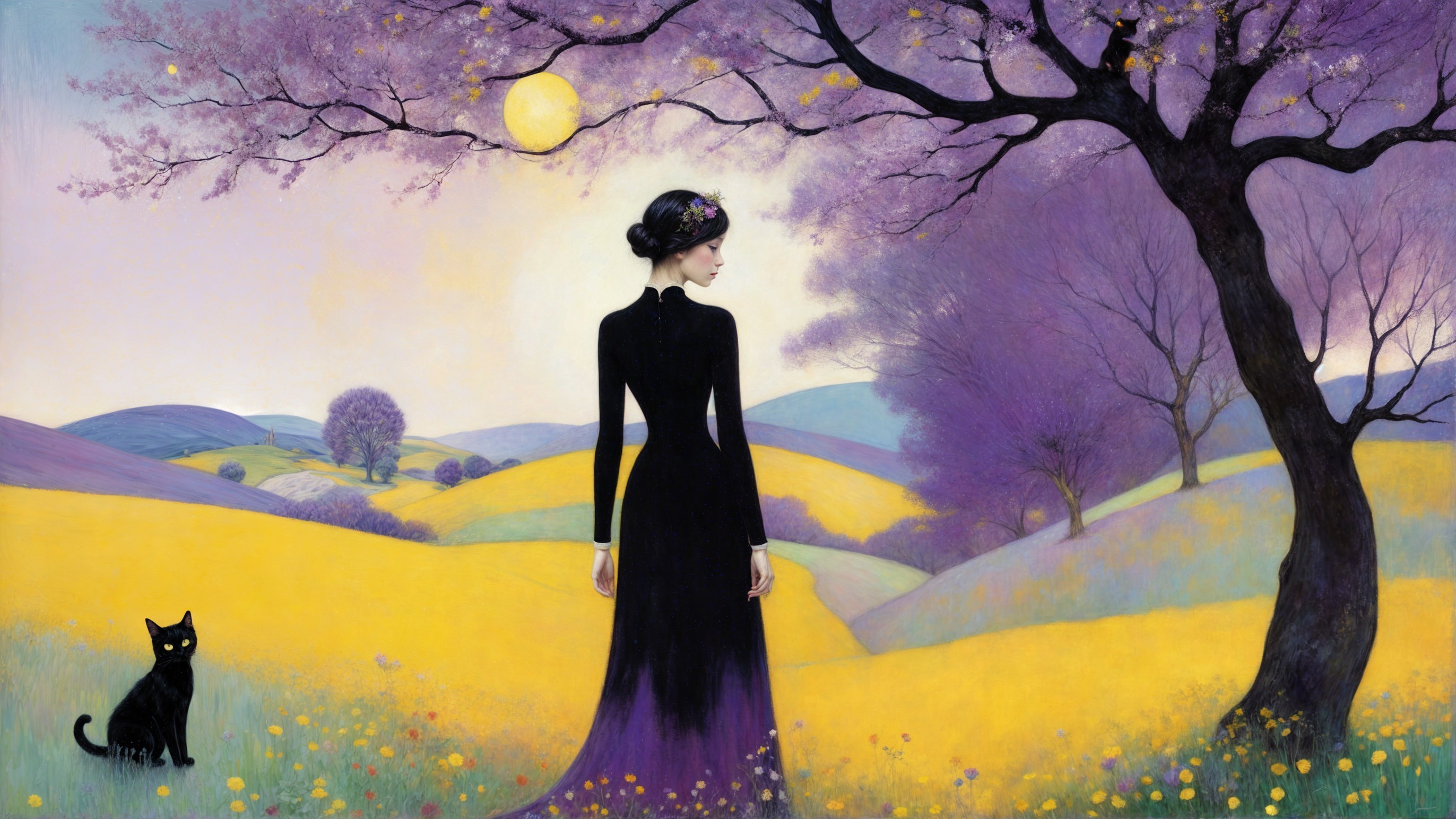 Serene landscape with woman in black dress and cat