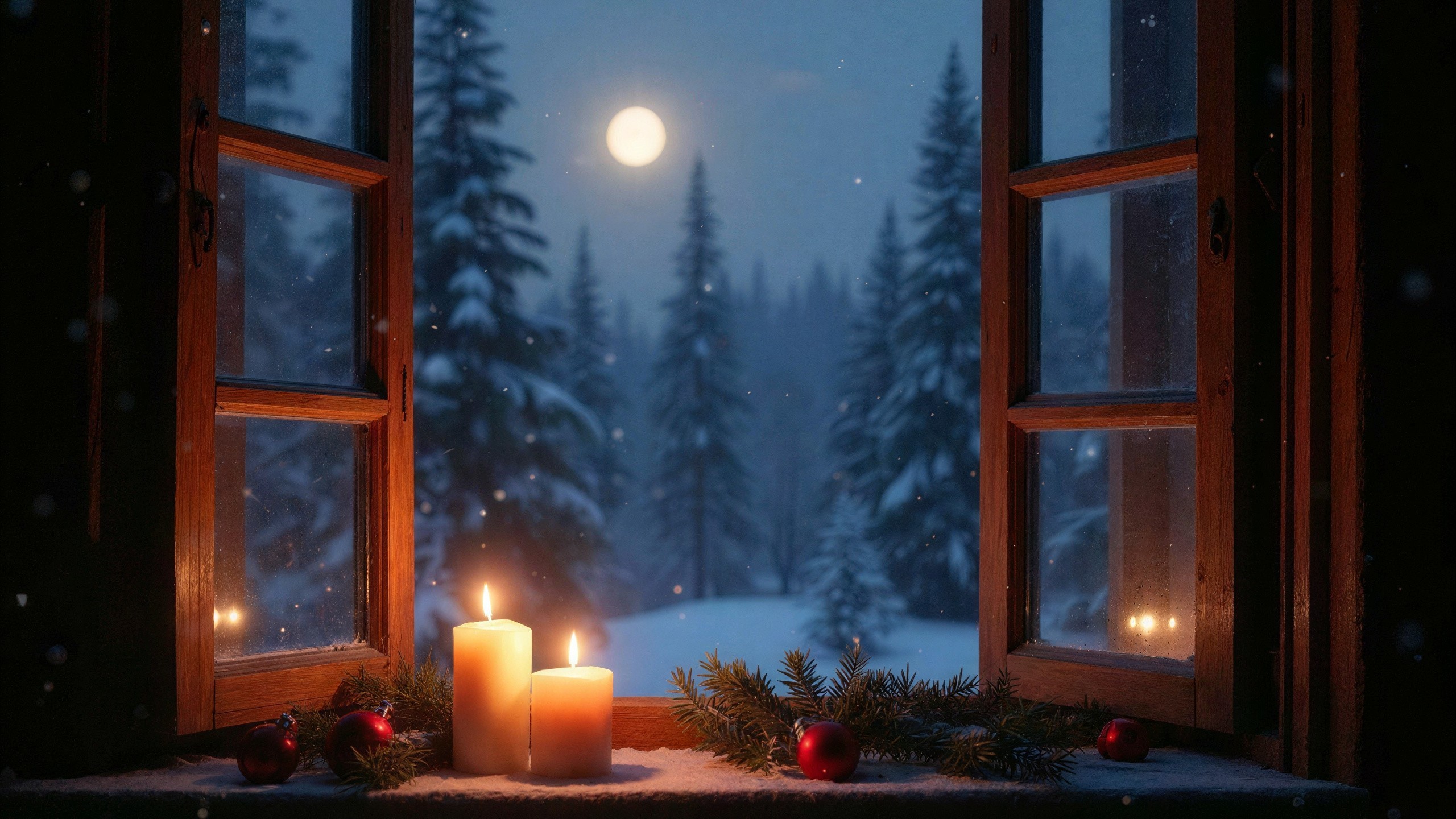Cozy Winter Window View with Candles and Snowy Landscape
