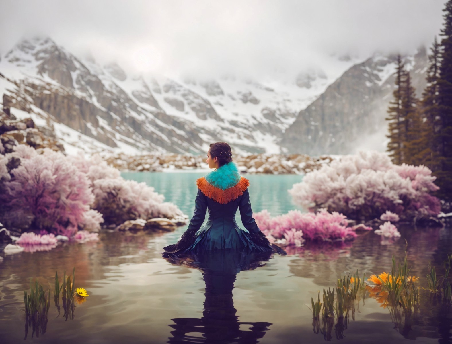 Person in Blue and Orange Dress in Mountain Lake with Pink Foliage