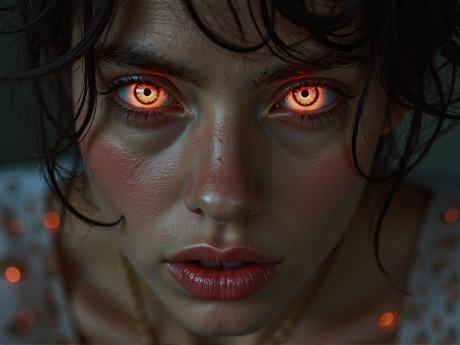 Close-up of a young woman with glowing orange eyes