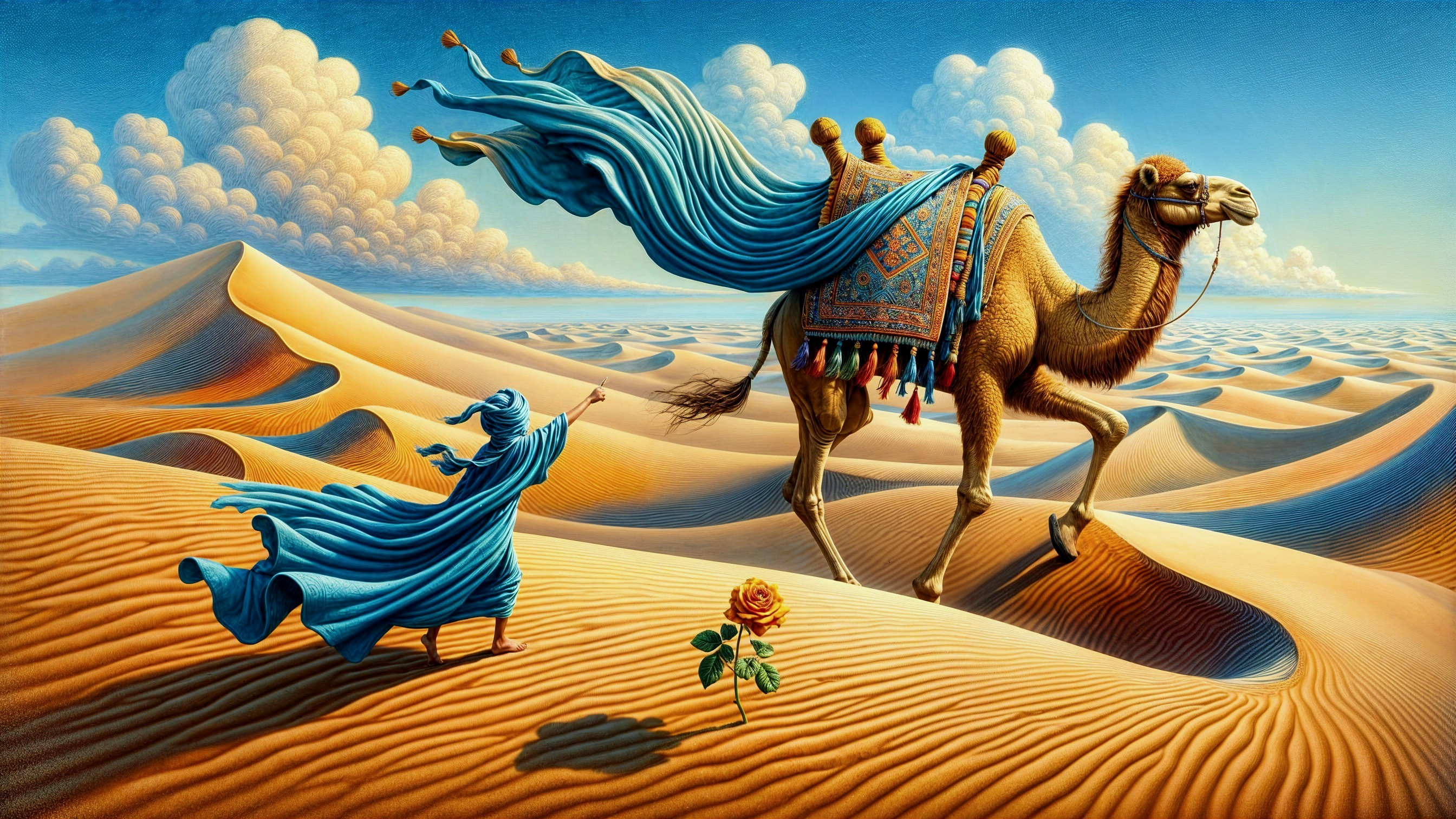 Desert Scene with Figure, Camel, and Blooming Rose