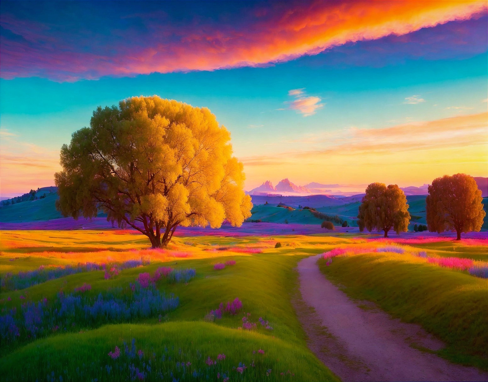 Vibrant Sunset Landscape with Wildflowers and Tree