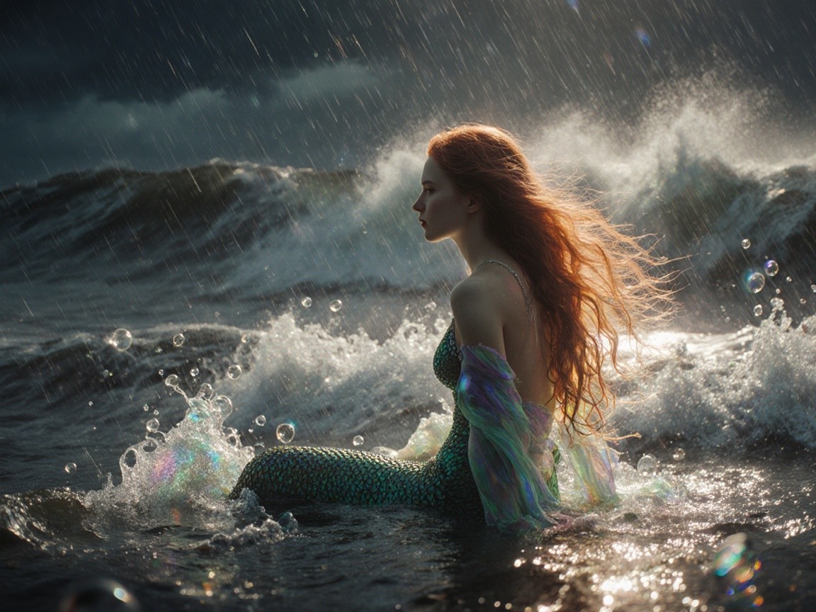 Mermaid in turbulent ocean waves with red hair