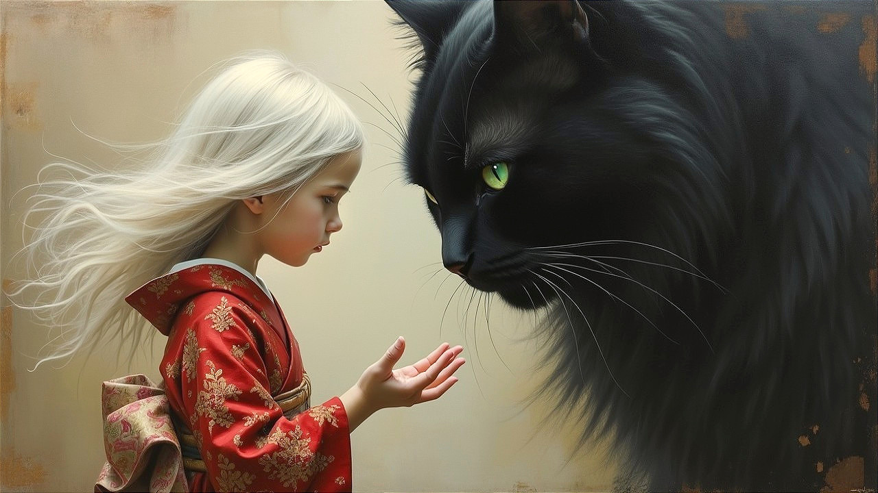 Young girl in red kimono with black cat in soft scene