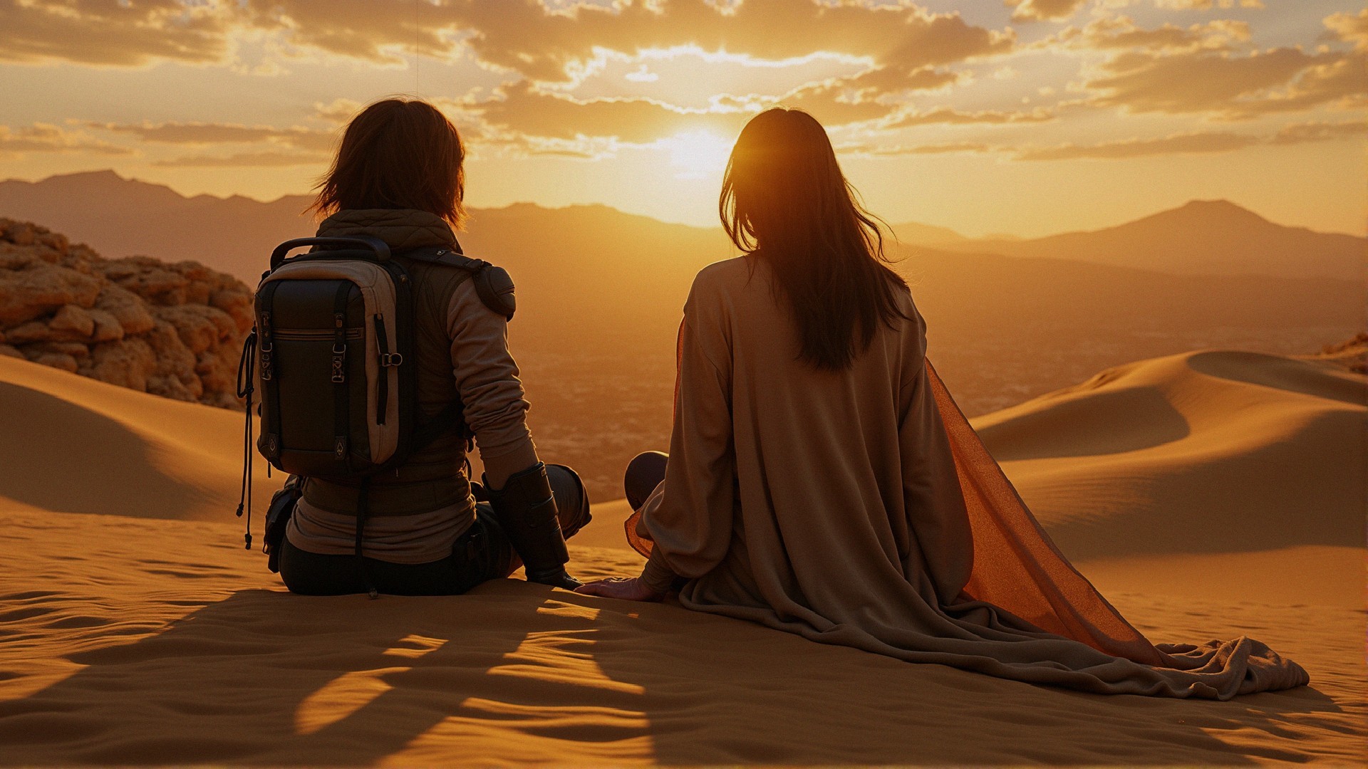 Figures on Sand Dunes Watching a Sunset Scene