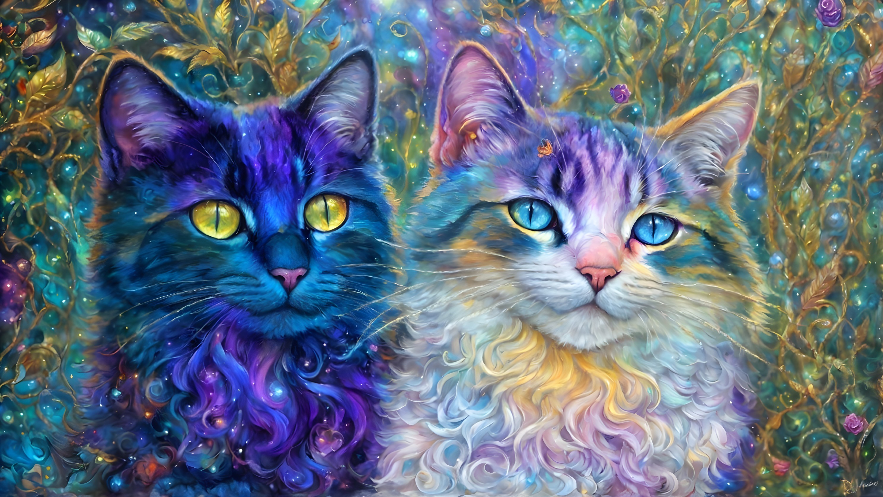 Vibrantly colored fantastical cats with swirling patterns and luminous eyes on ornate background