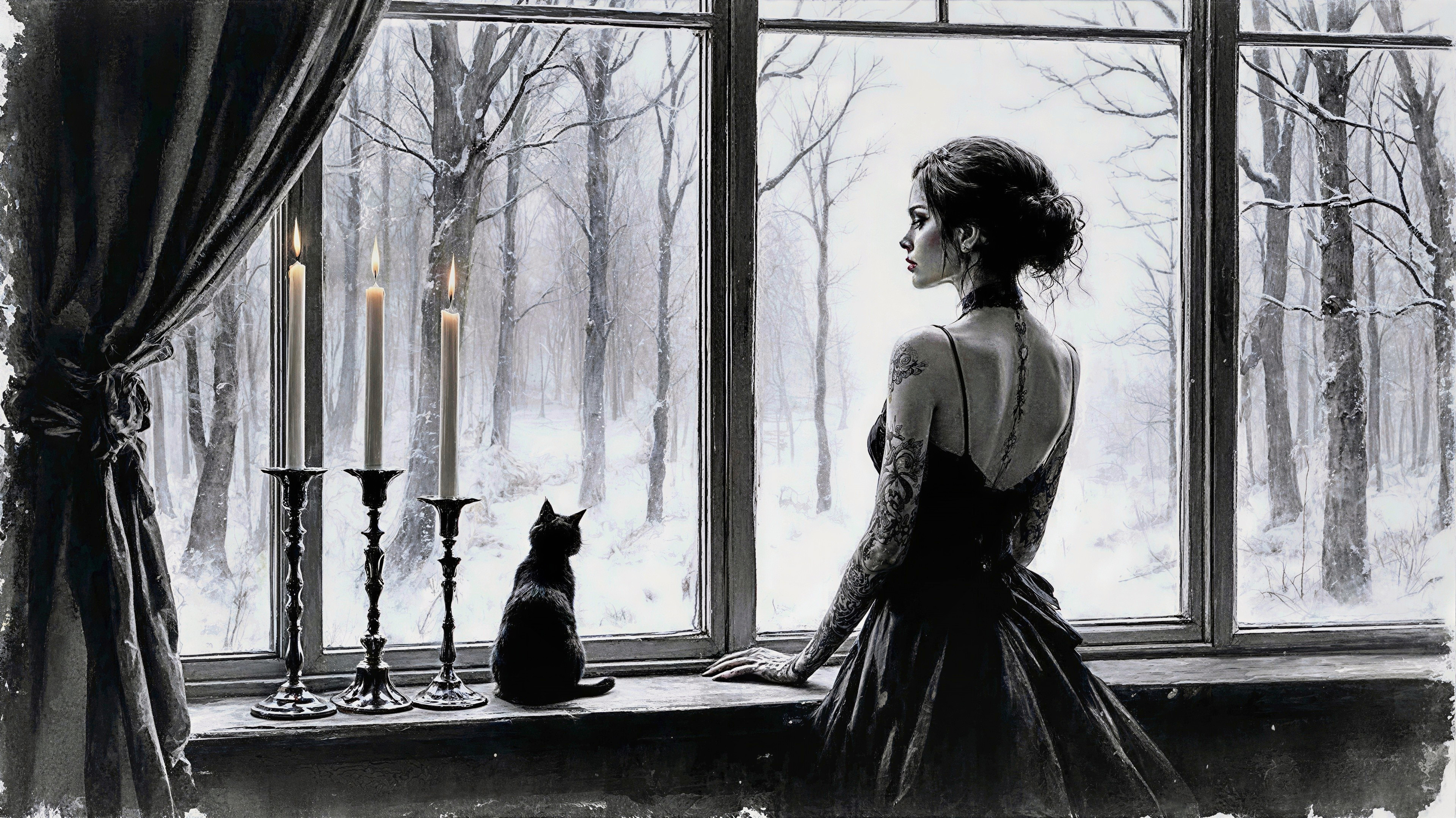 Elegant Woman in Black Dress by Snowy Window