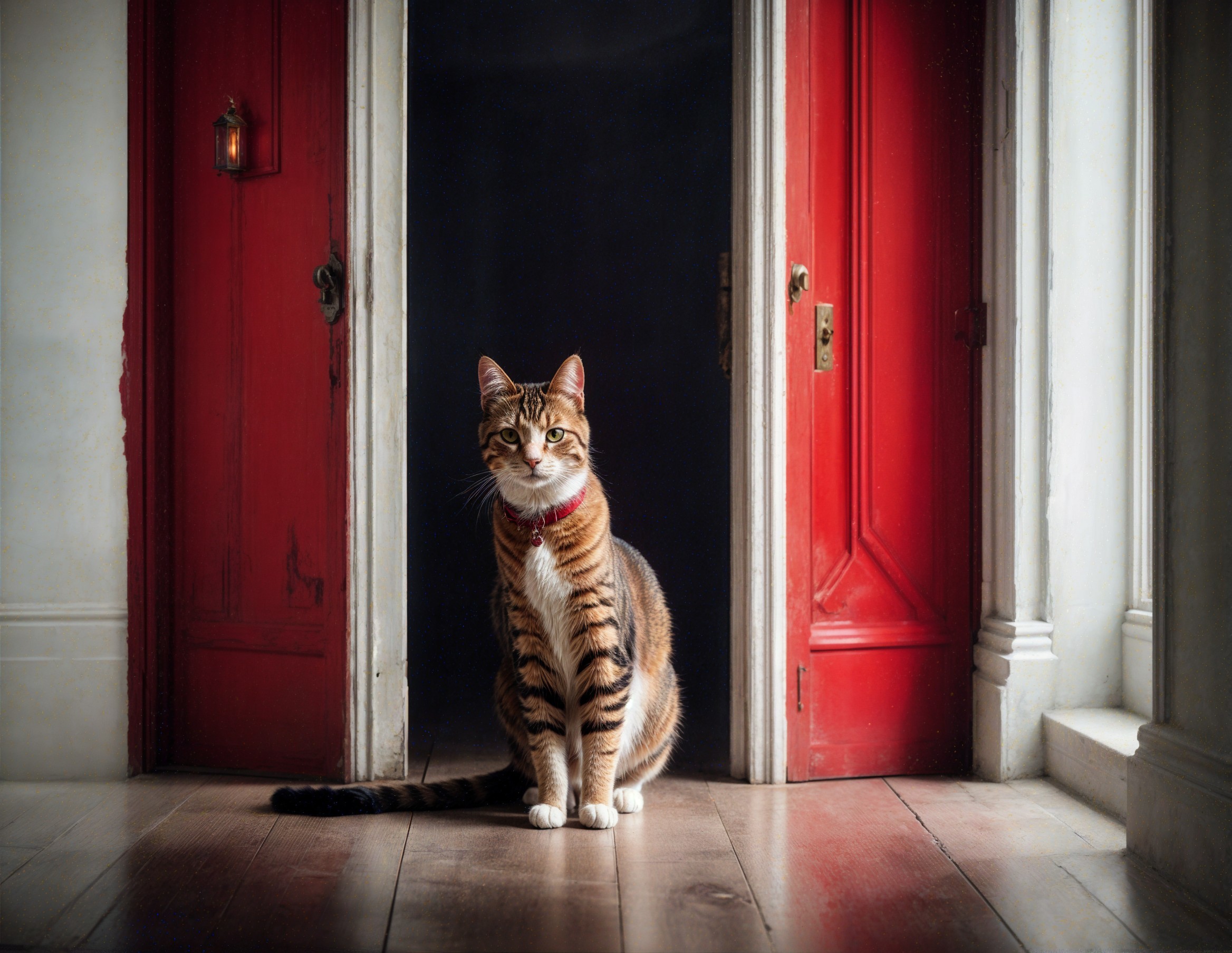 Tabby Cat in Welcoming Entryway with Red Doors