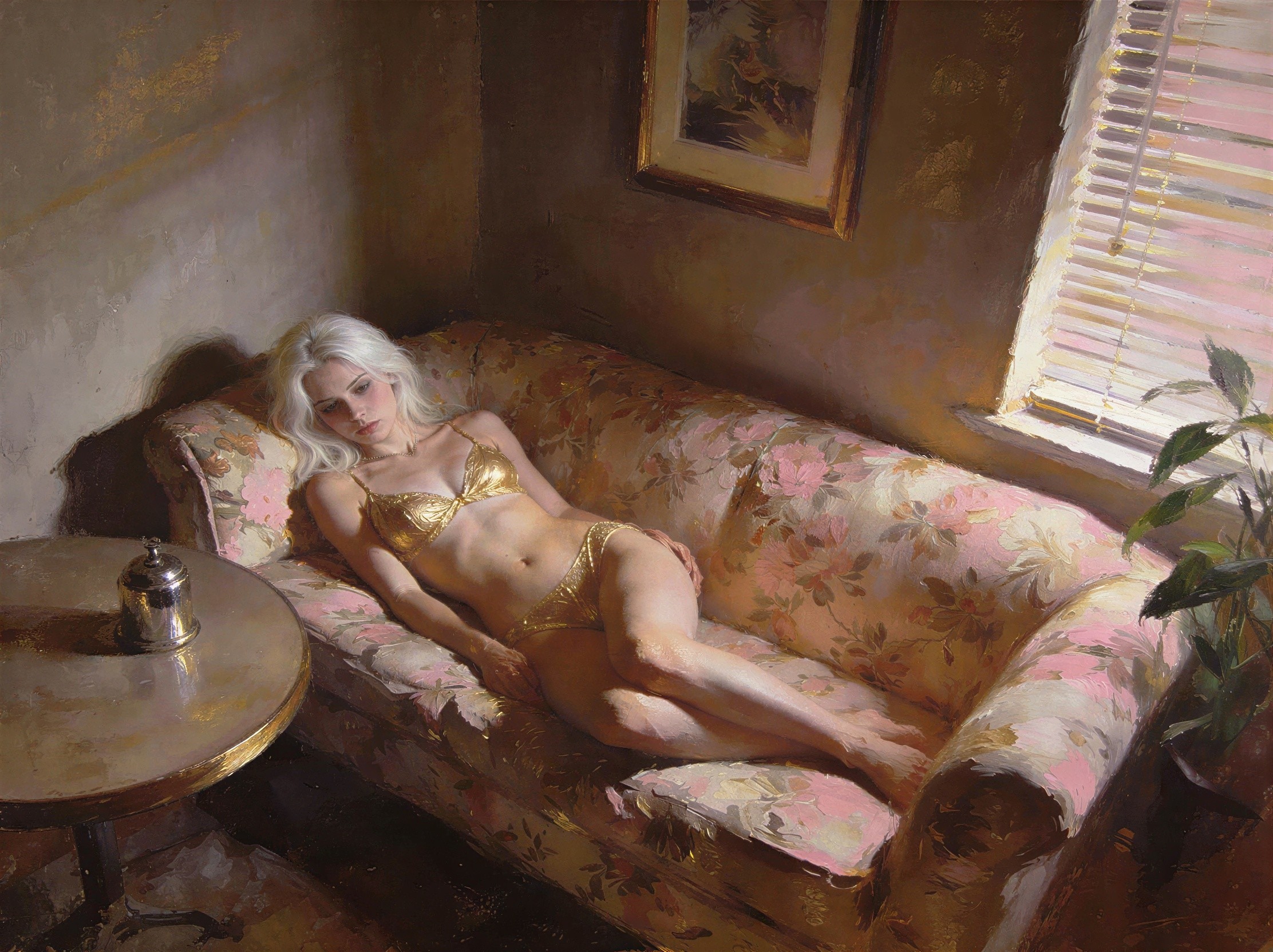 Oil Painting of Woman in Golden Bikini on Floral Sofa