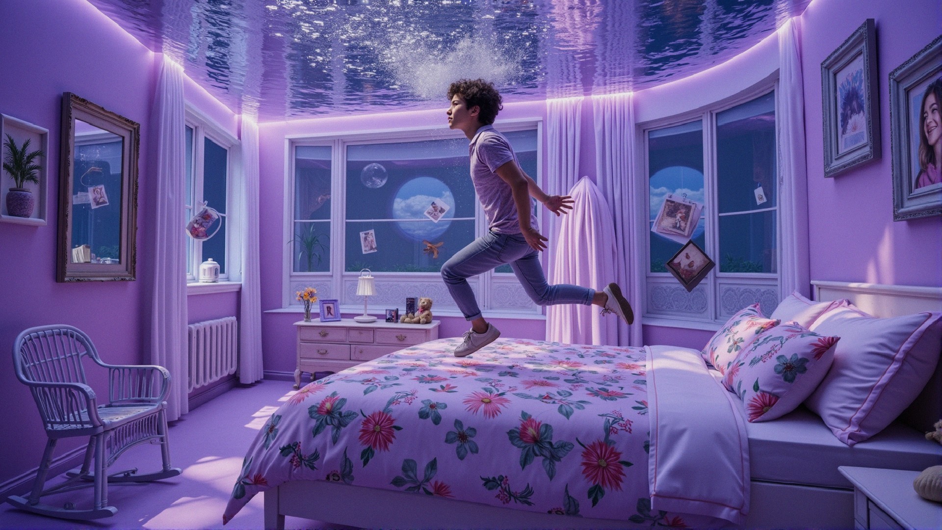 Surreal Bedroom Scene with Floral Bedding and Bubbles