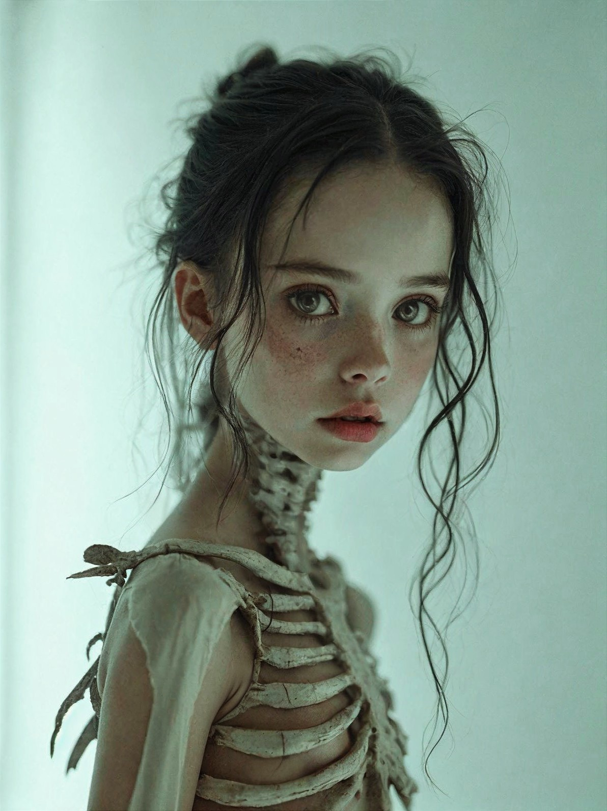 Young girl with expressive eyes in ethereal outfit