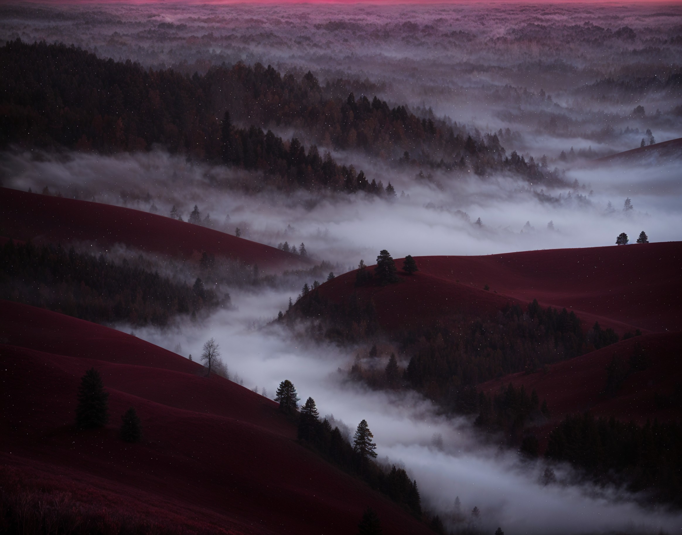 Twilight Landscape with Red Hills and Pine Trees