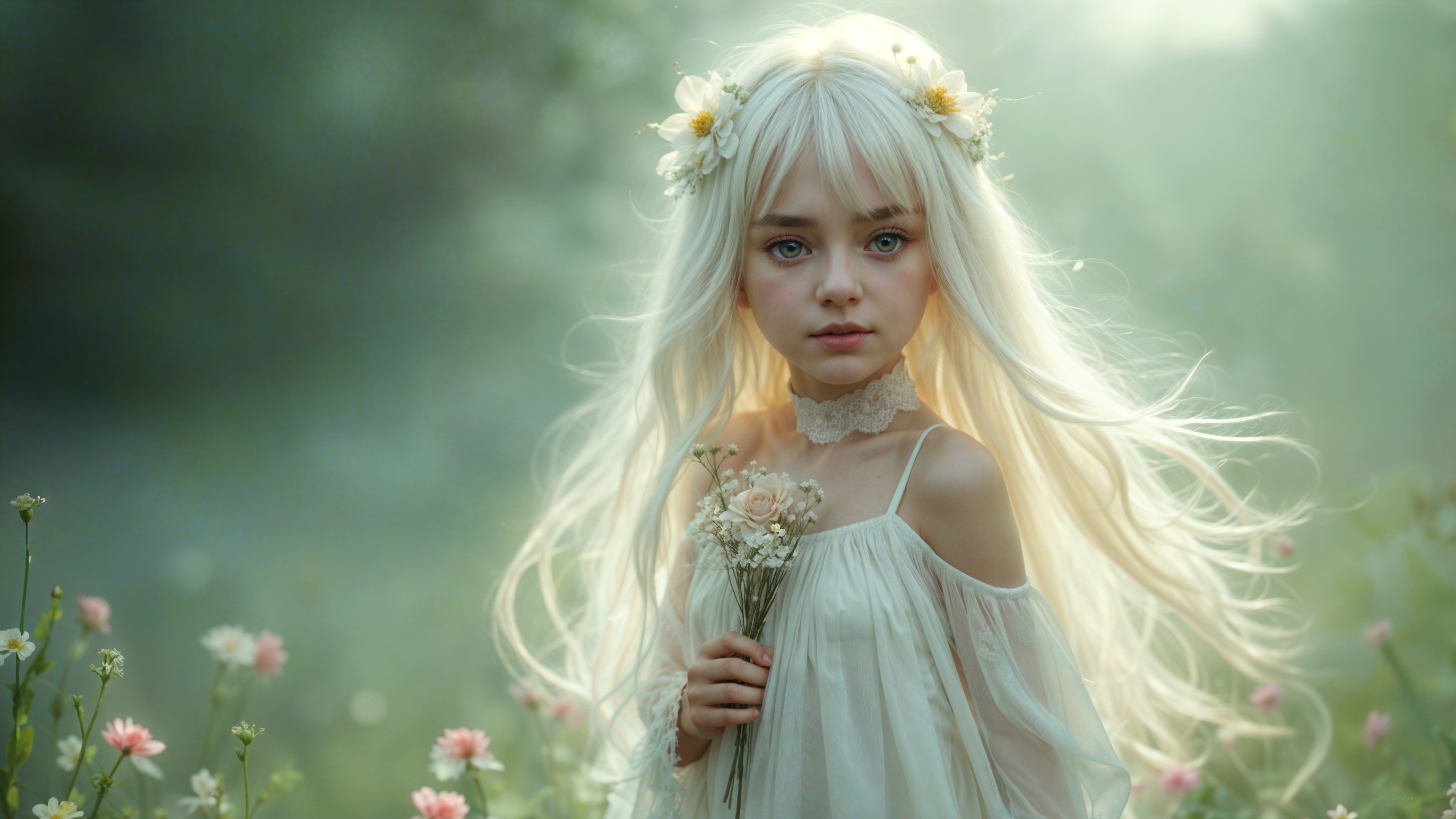 Young girl in floral dress among colorful flowers