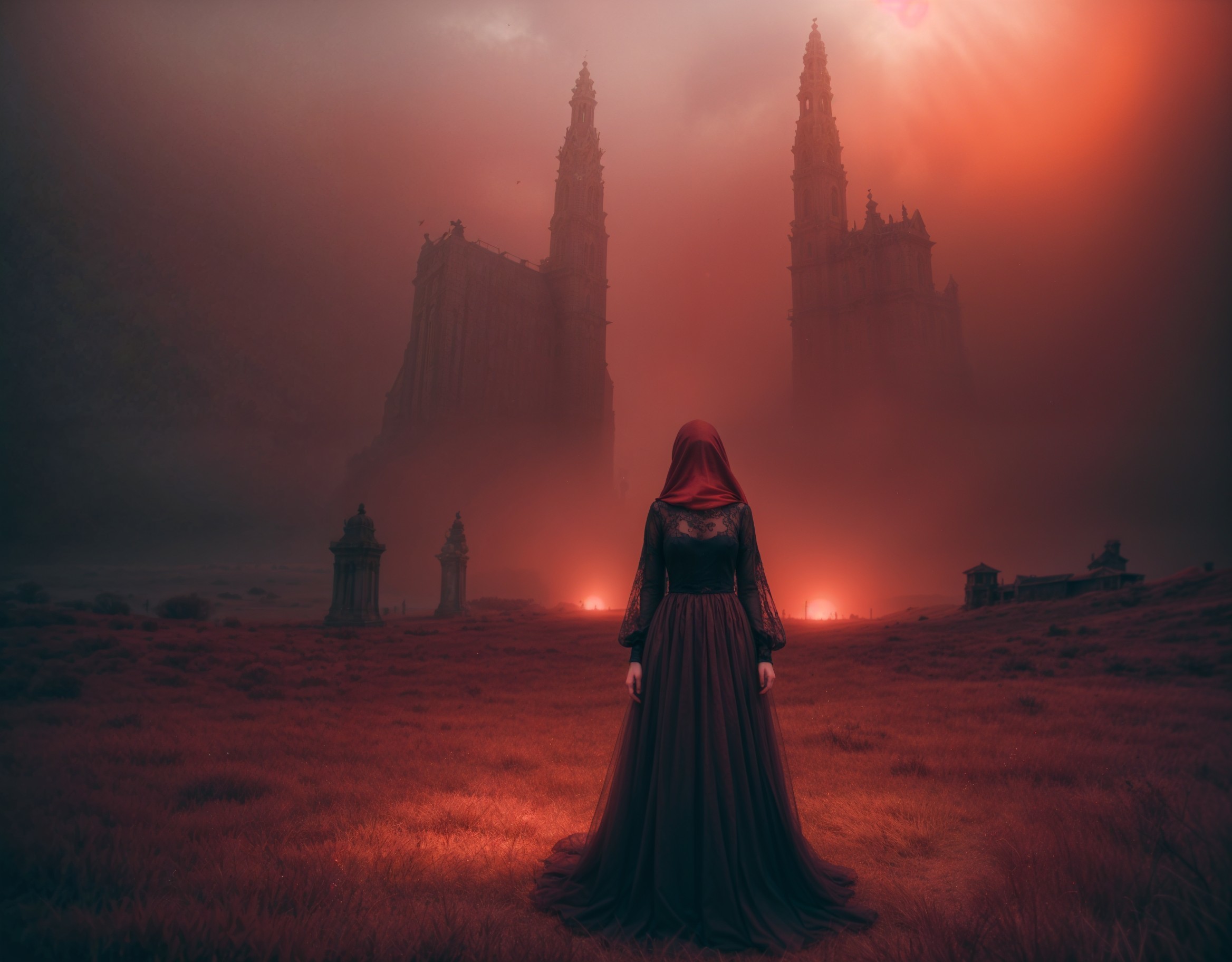 Mysterious Figure in Dark Gown in Crimson Landscape